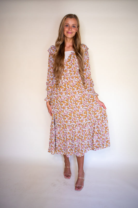 The Maya Floral Midi in Tan Floral