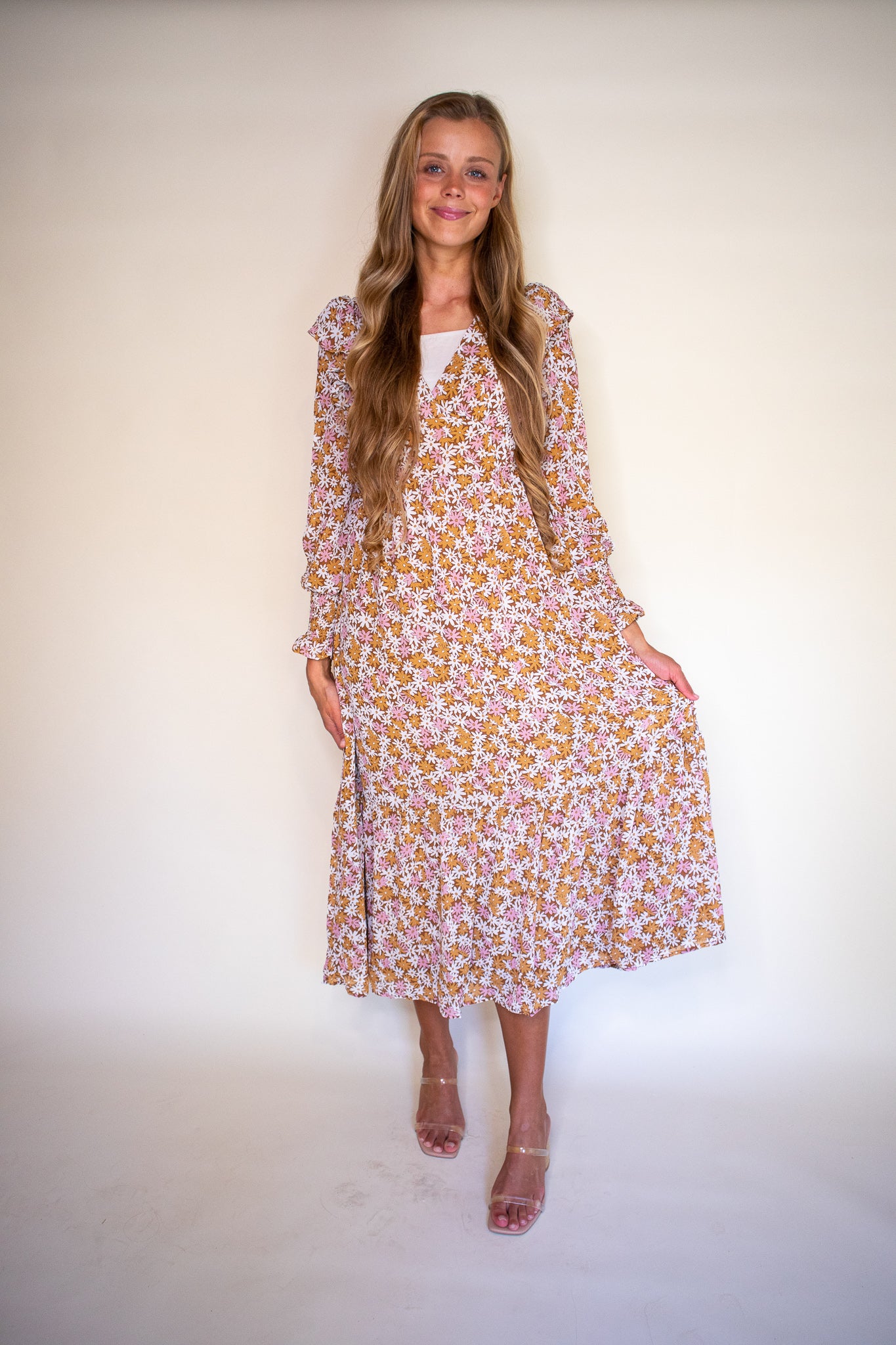 The Maya Floral Midi in Tan Floral