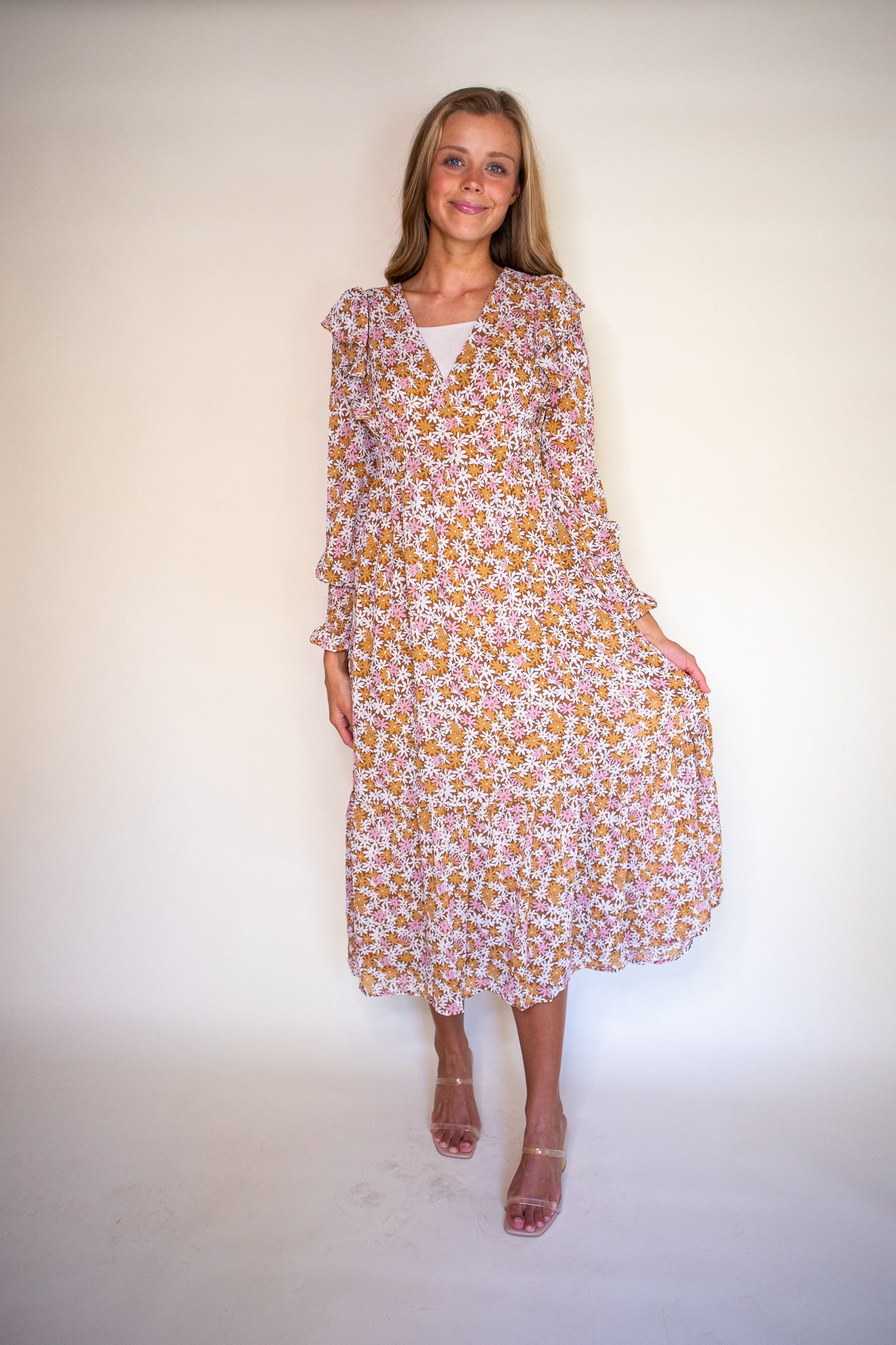 The Maya Floral Midi in Tan Floral