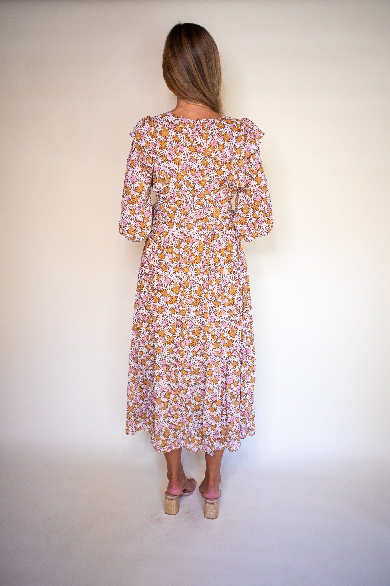 The Maya Floral Midi in Tan Floral