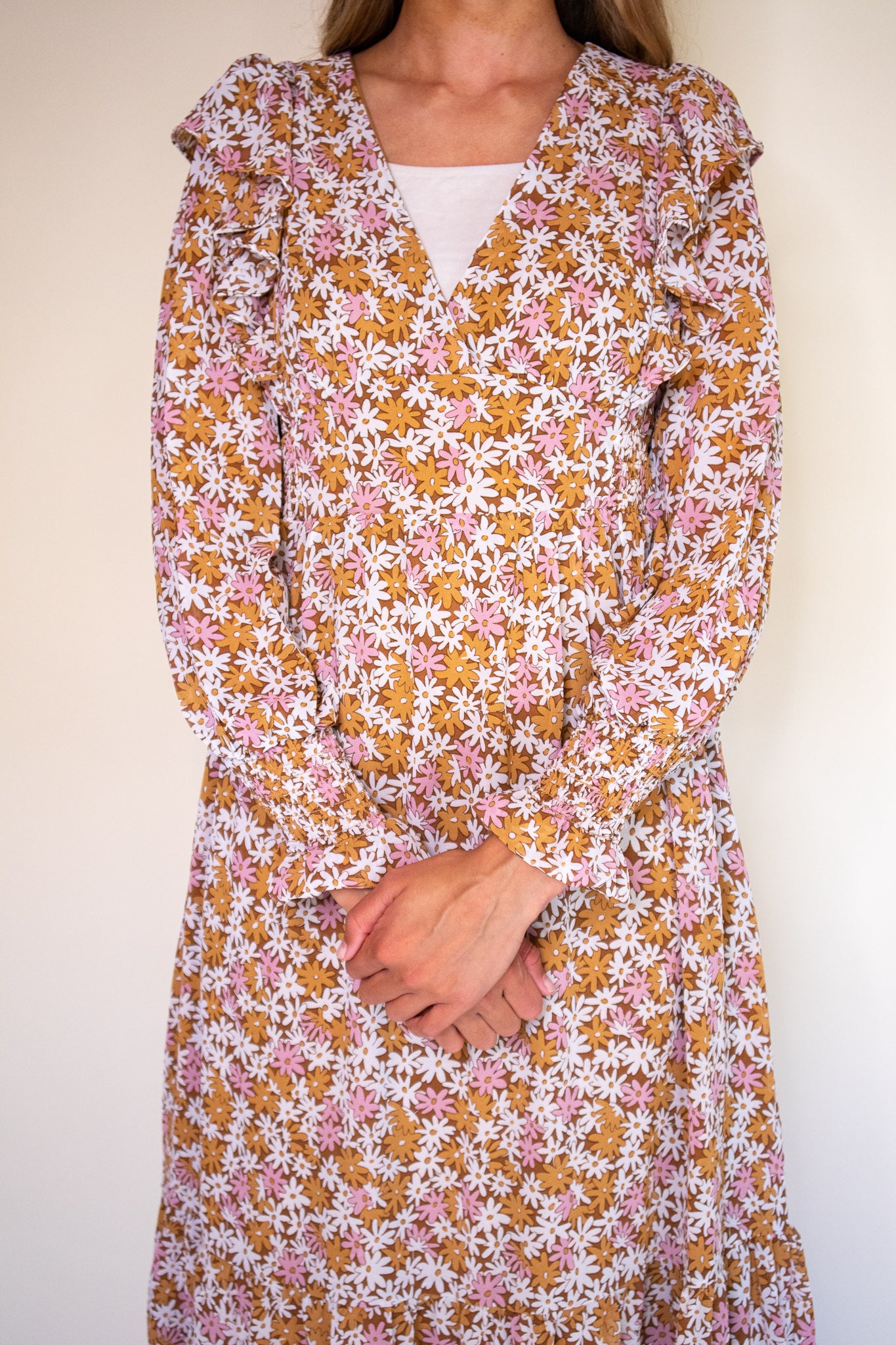 The Maya Floral Midi in Tan Floral