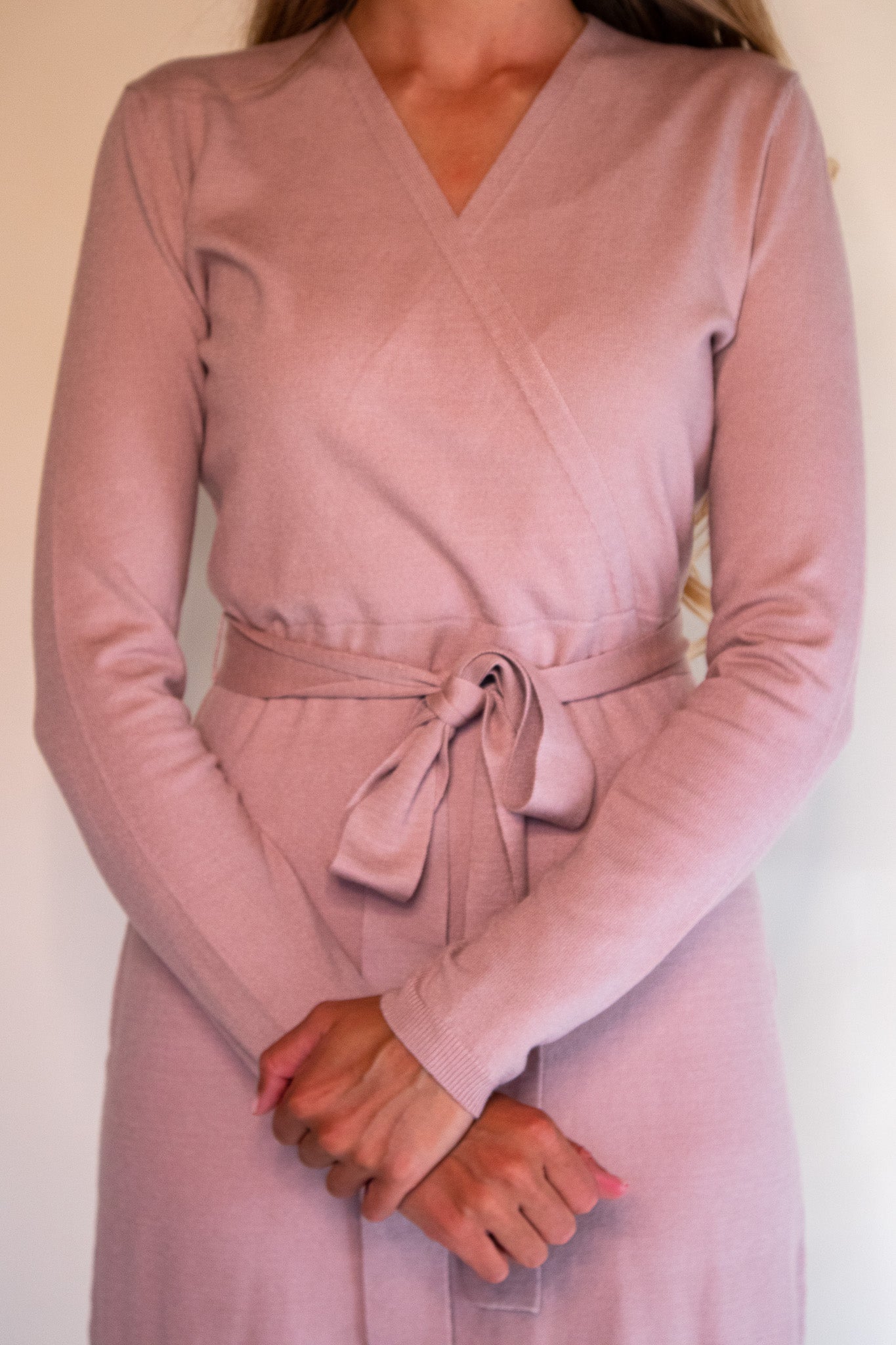 The Ava Wrap Knit Sweater Dress in Blush