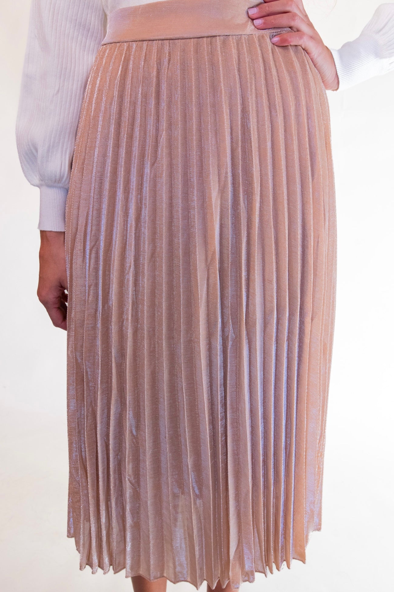 Rose Gold Metallic Pleated High Waist Midi Skirt