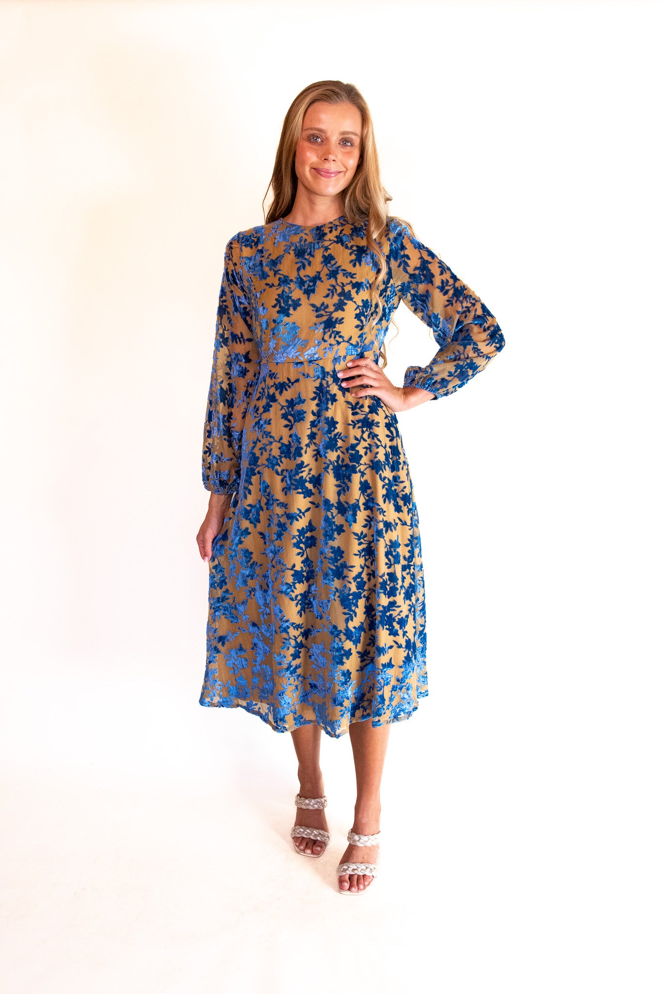 The Audrey Velvet Dress in Champagne & Blue