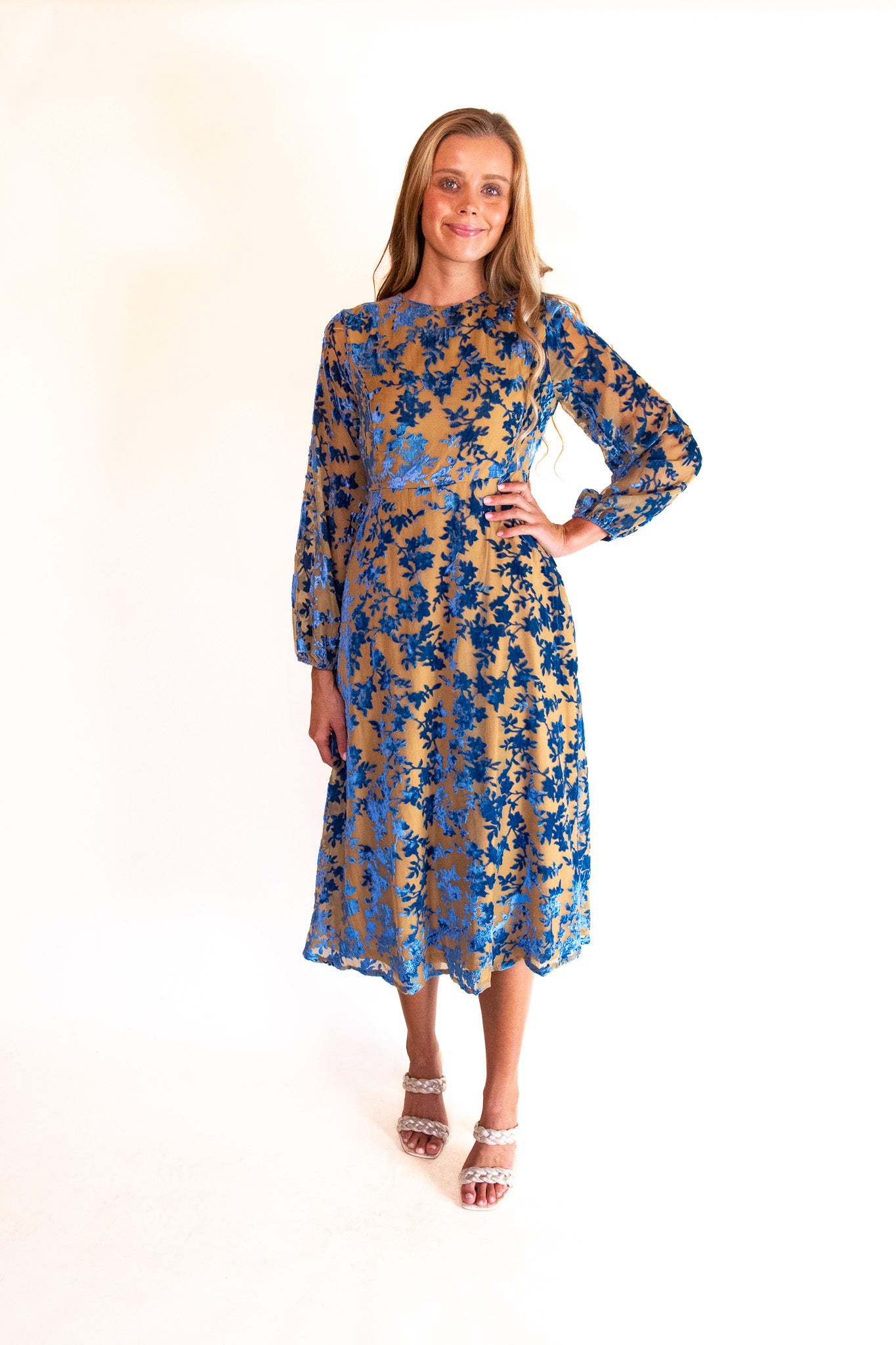 The Audrey Velvet Dress in Champagne & Blue