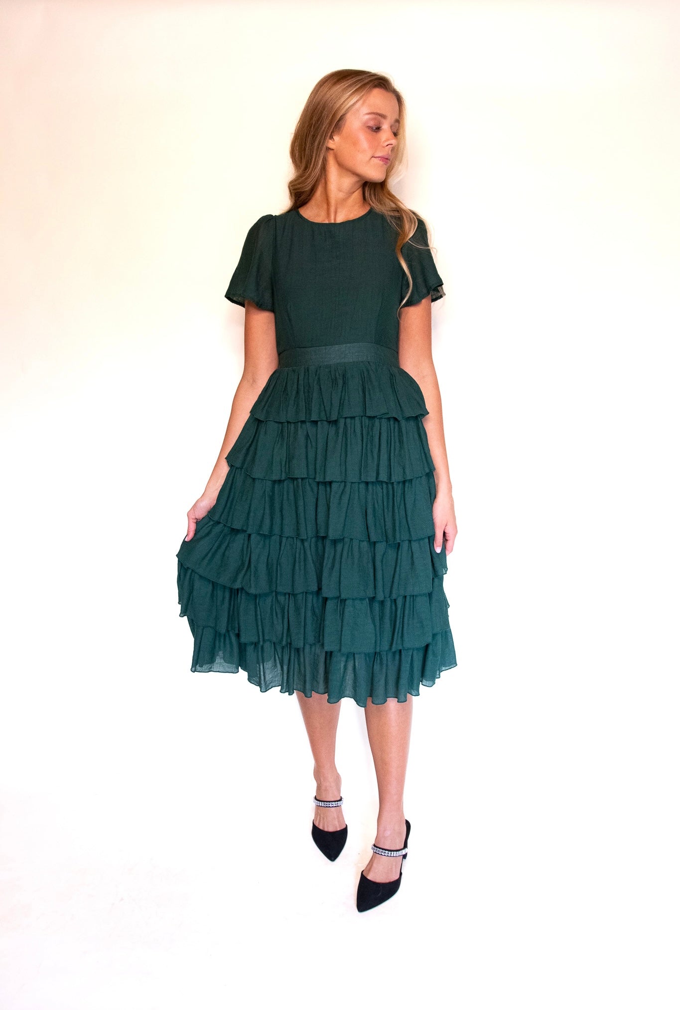 The Jade Ruffle Dress in Emerald