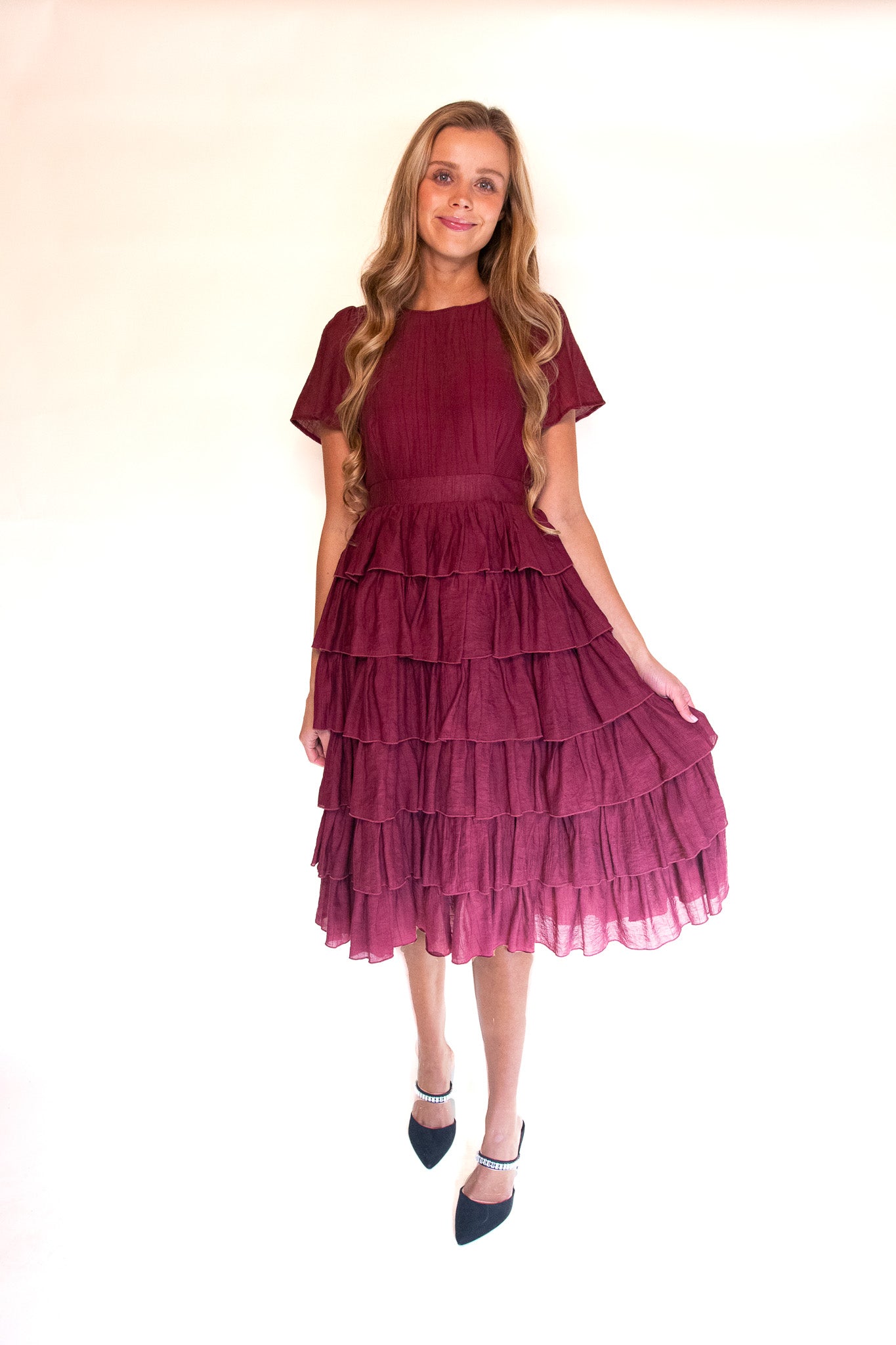 The Jade Ruffle Dress in Burgundy