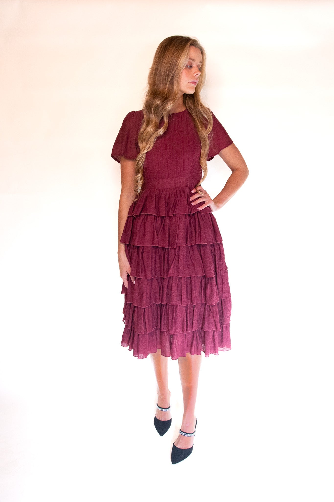 The Jade Ruffle Dress in Burgundy