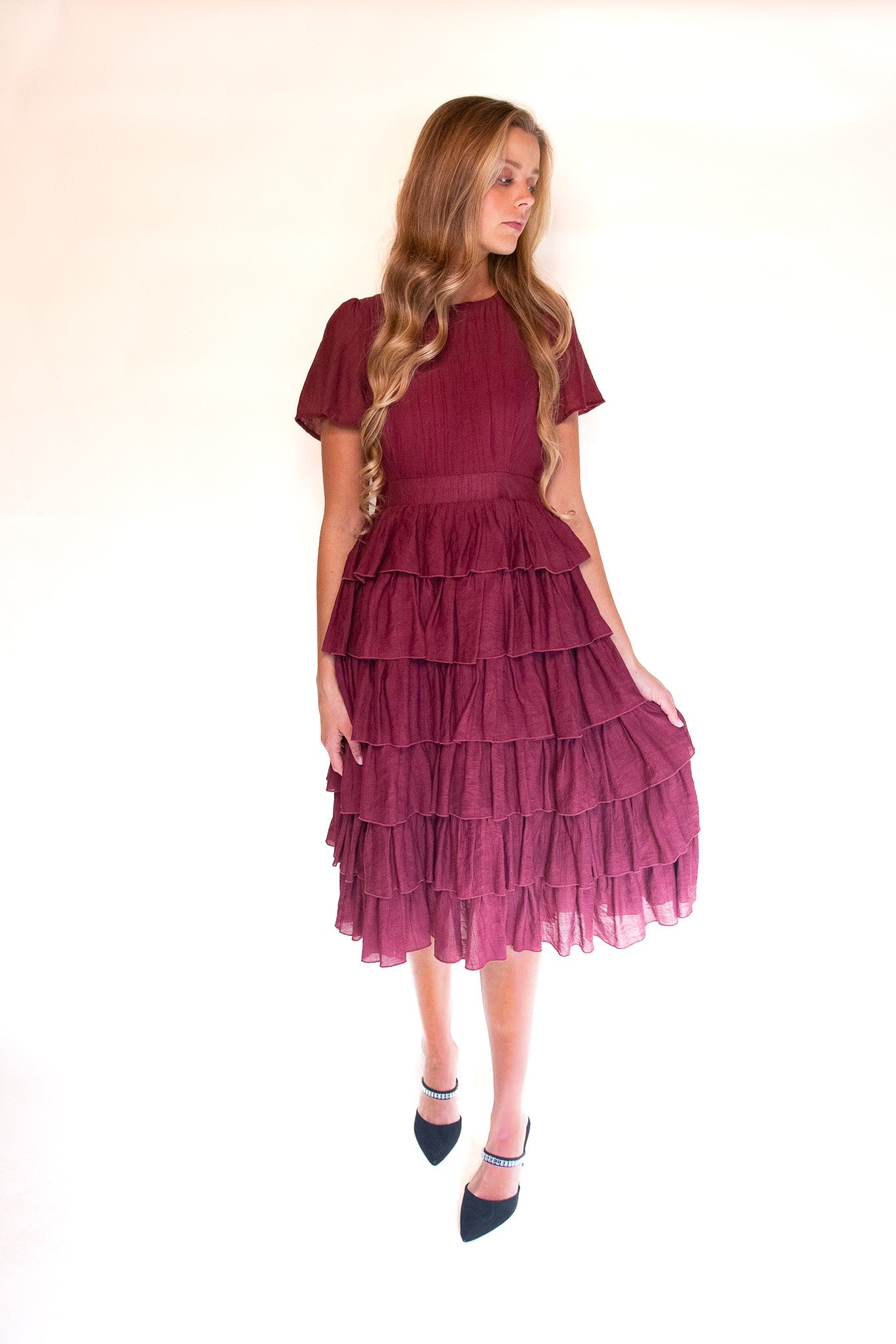 The Jade Ruffle Dress in Burgundy