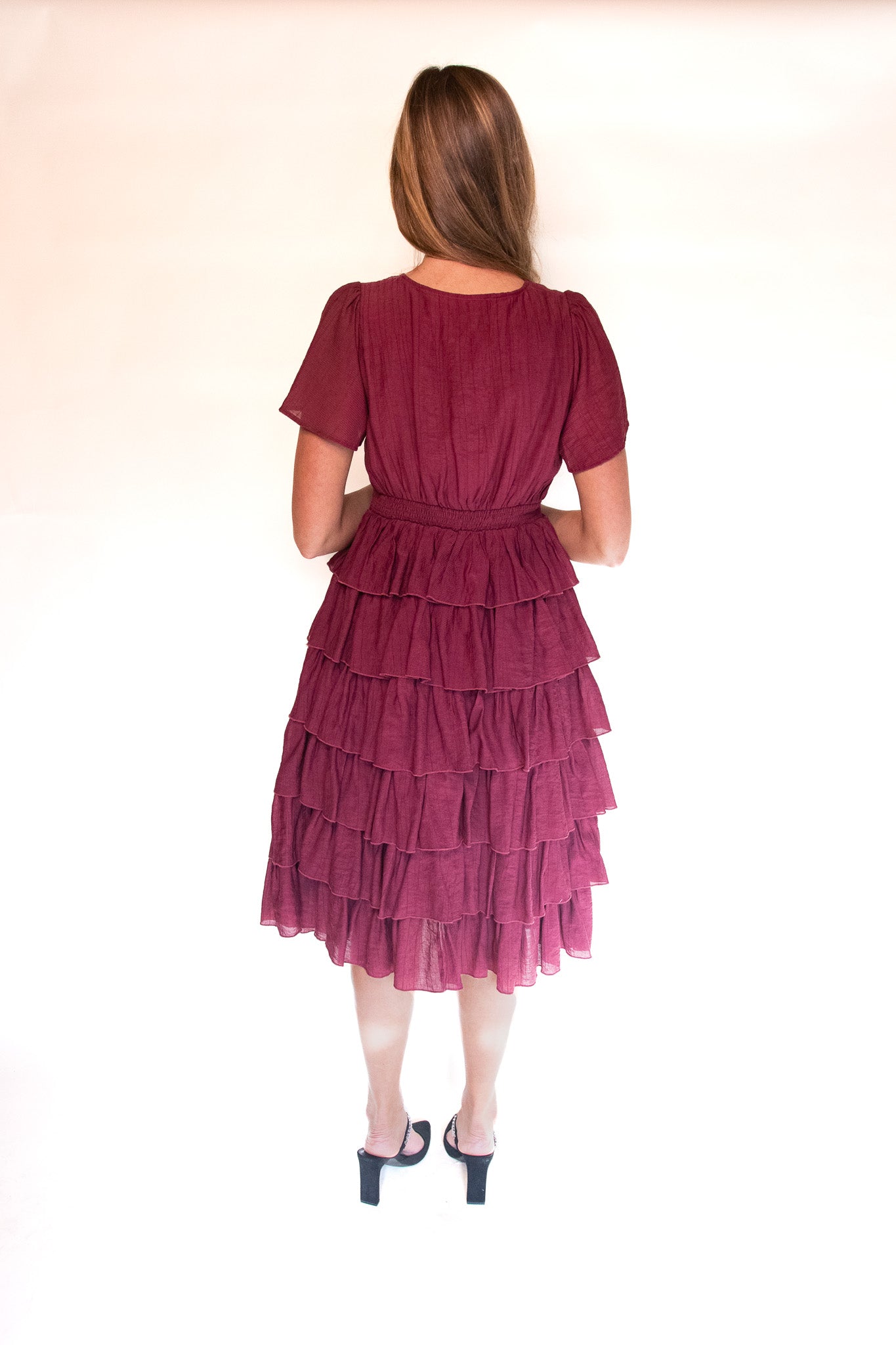 The Jade Ruffle Dress in Burgundy