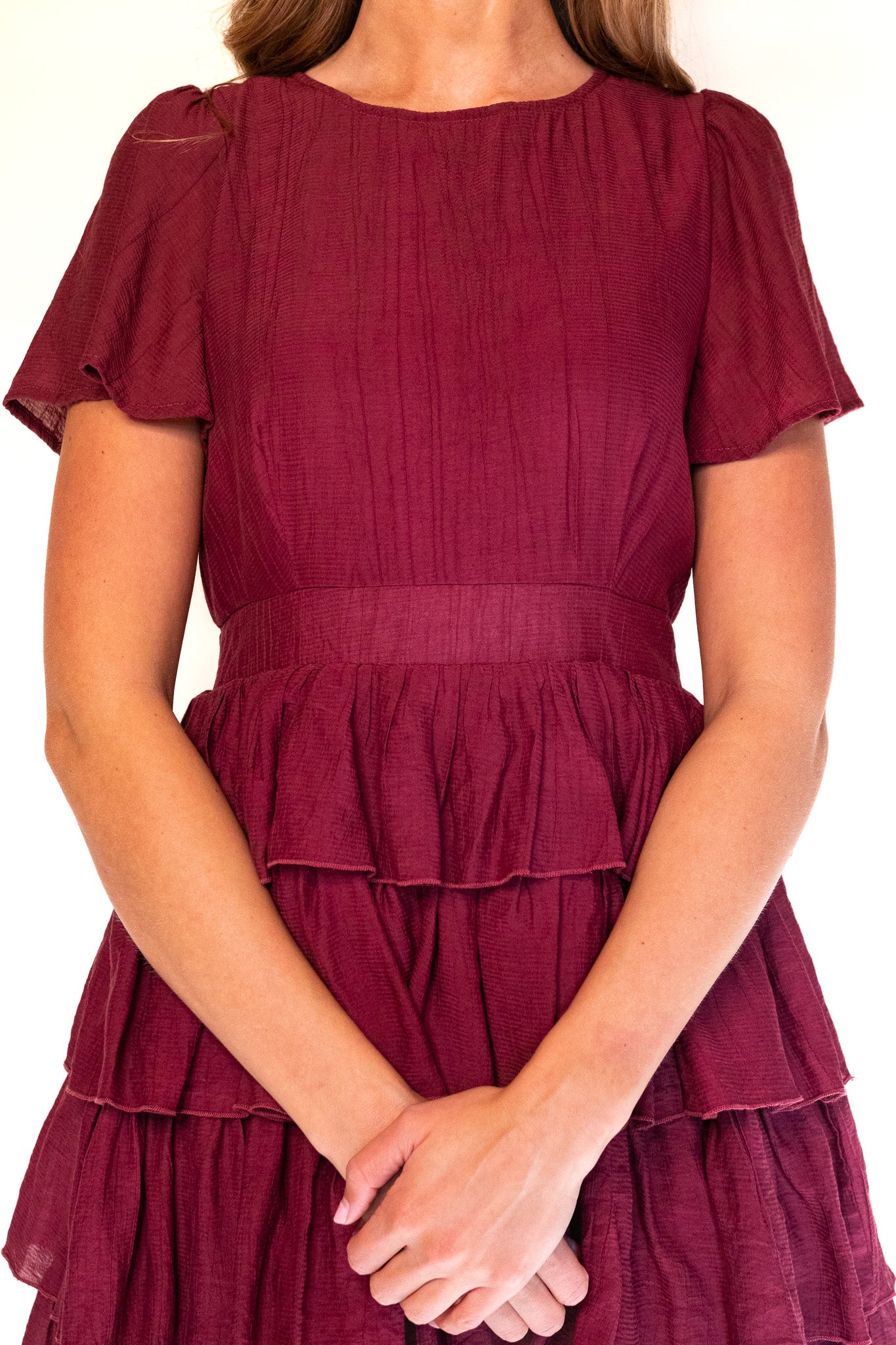 The Jade Ruffle Dress in Burgundy