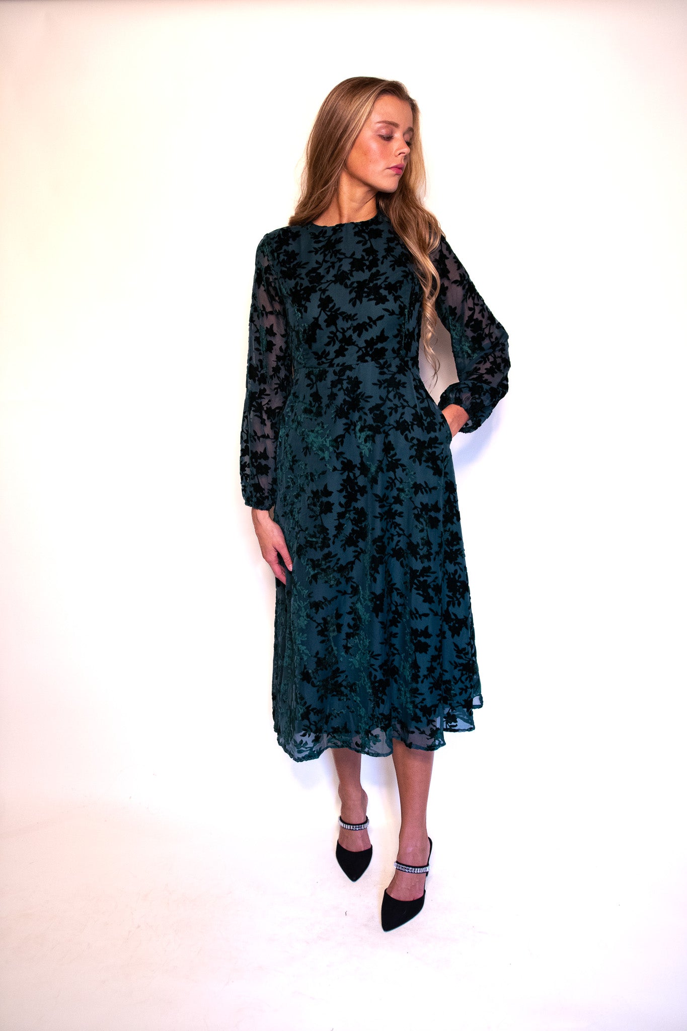 The Audrey Velvet Dress in Hunter Green