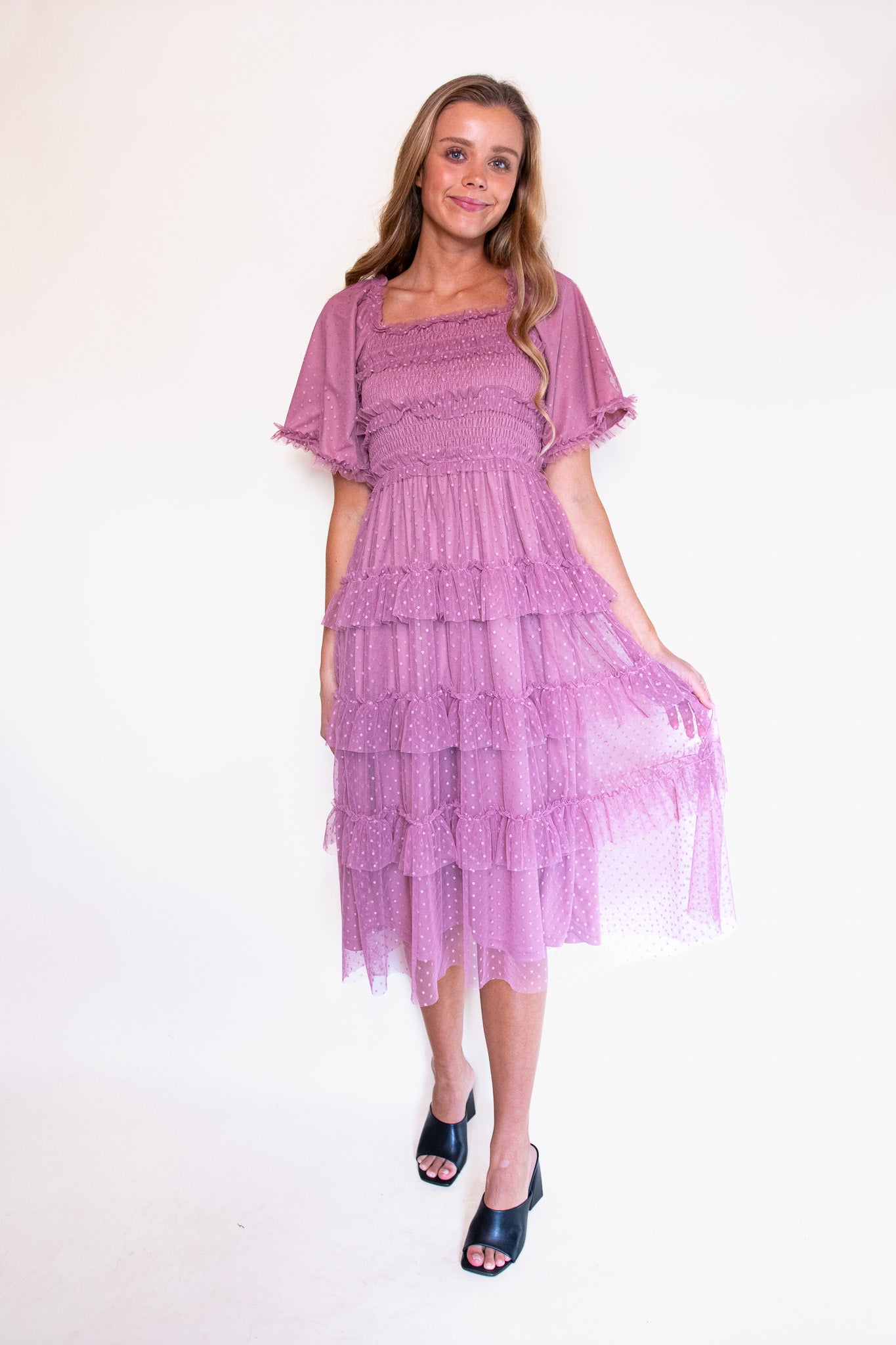 The Harper Smocked Tulle Dress in Dusty Mauve