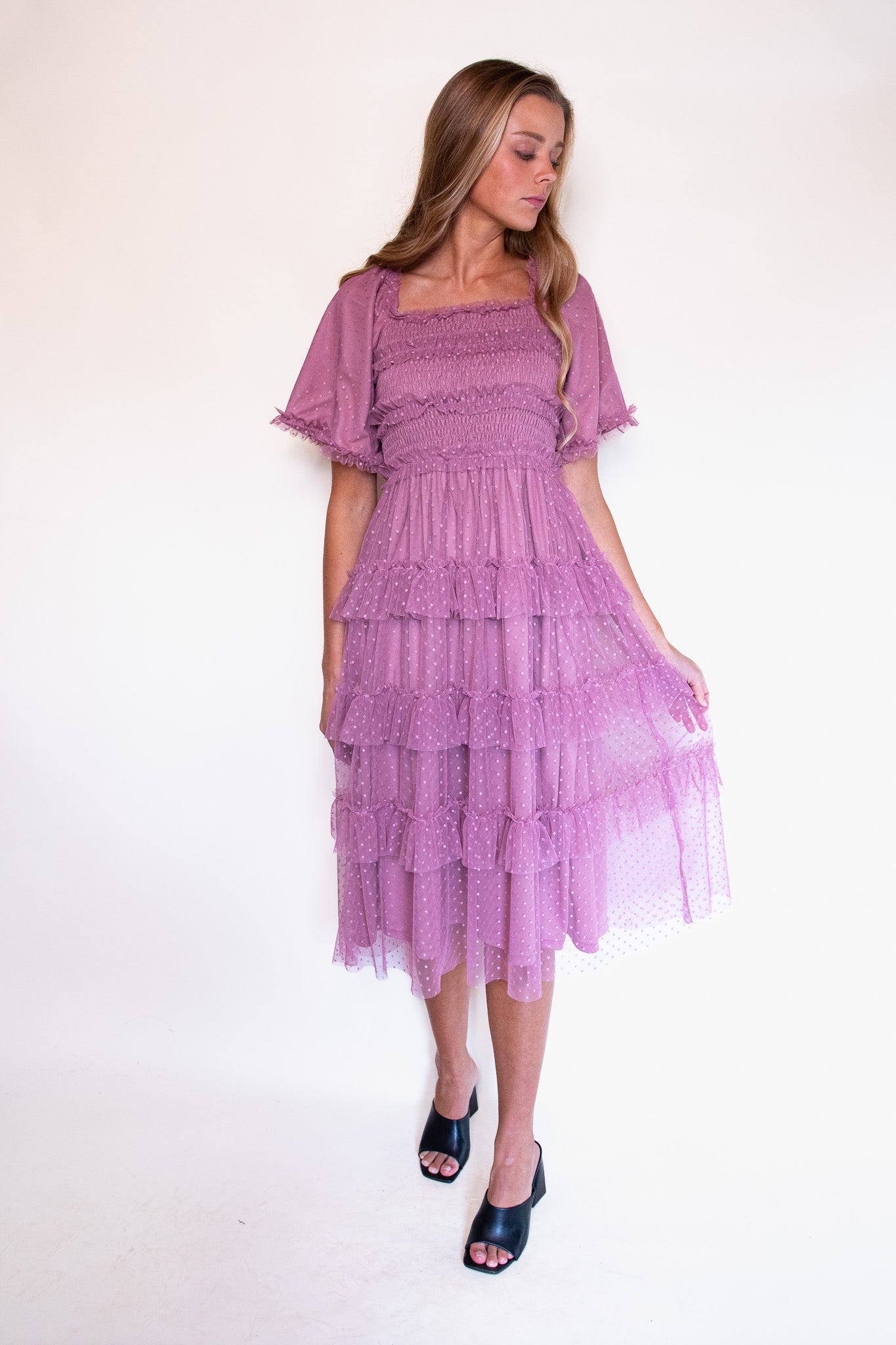 The Harper Smocked Tulle Dress in Dusty Mauve