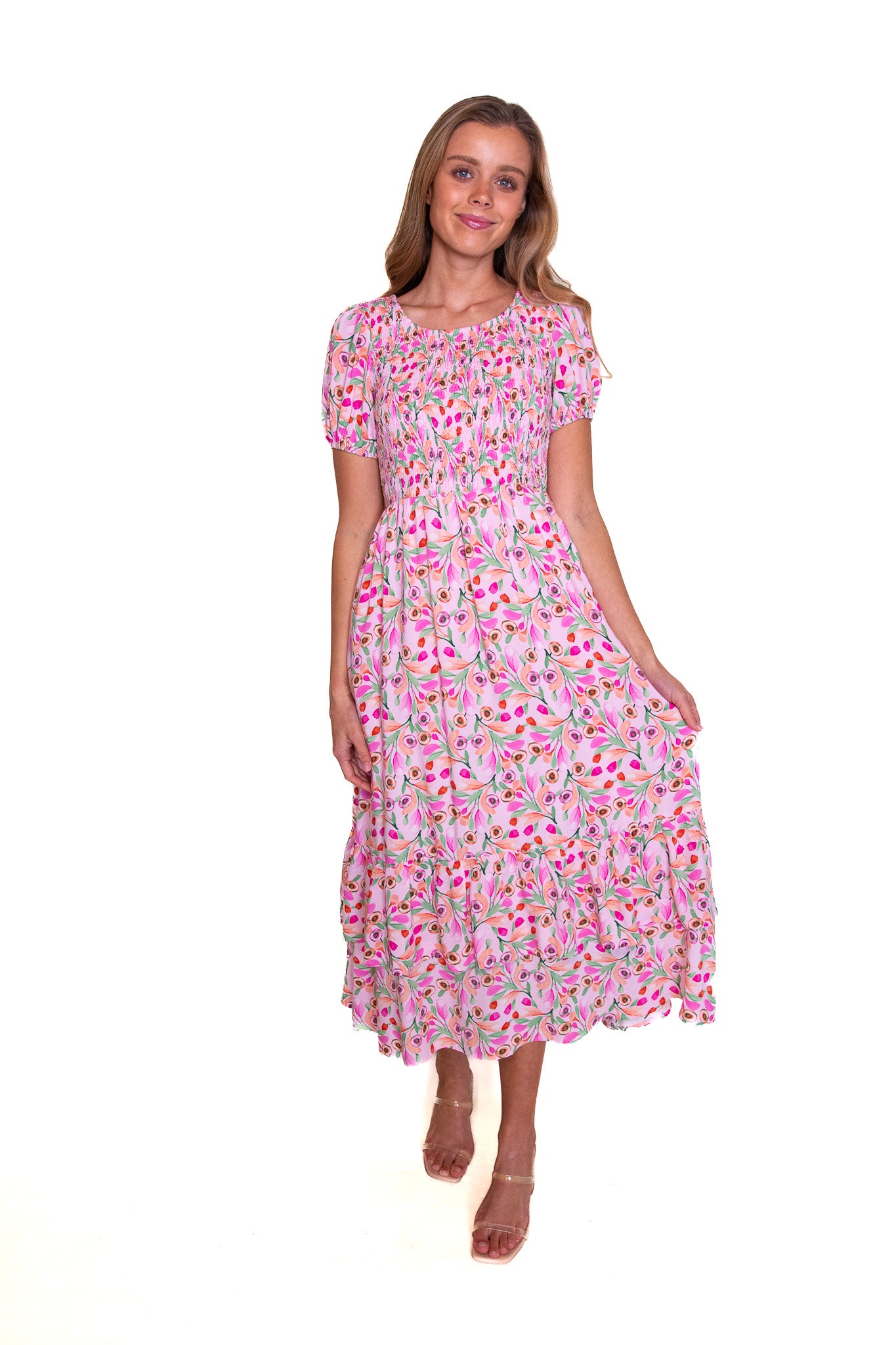 The Maren Floral Midi Dress in Pink Floral