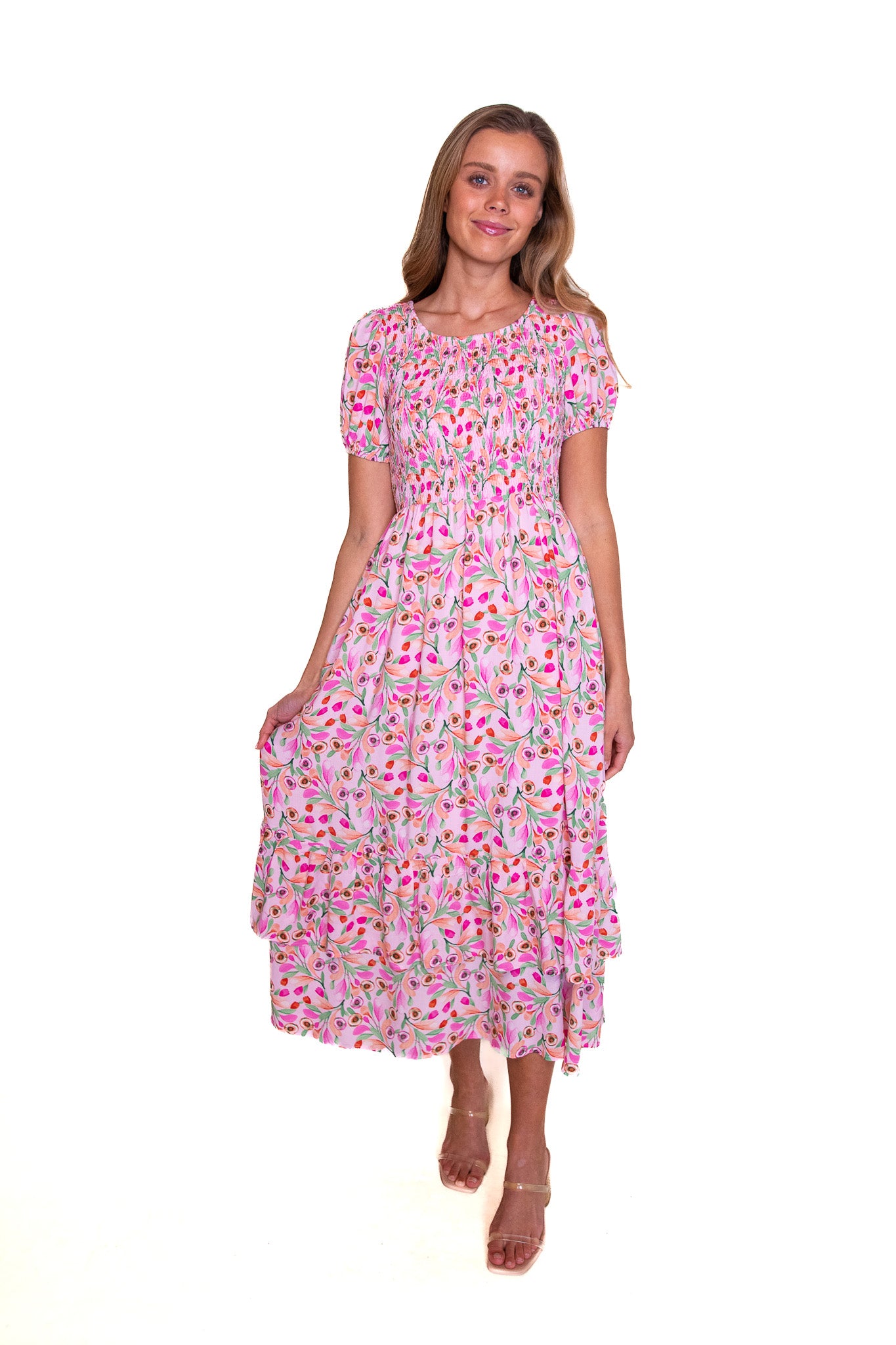 The Maren Floral Midi Dress in Pink Floral