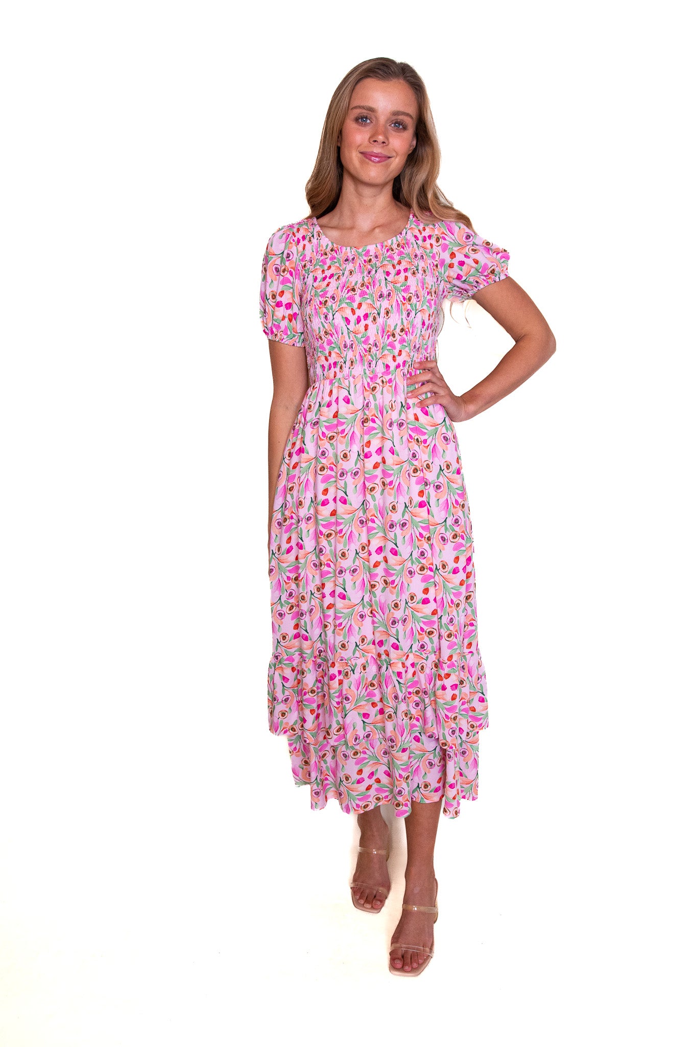 The Maren Floral Midi Dress in Pink Floral