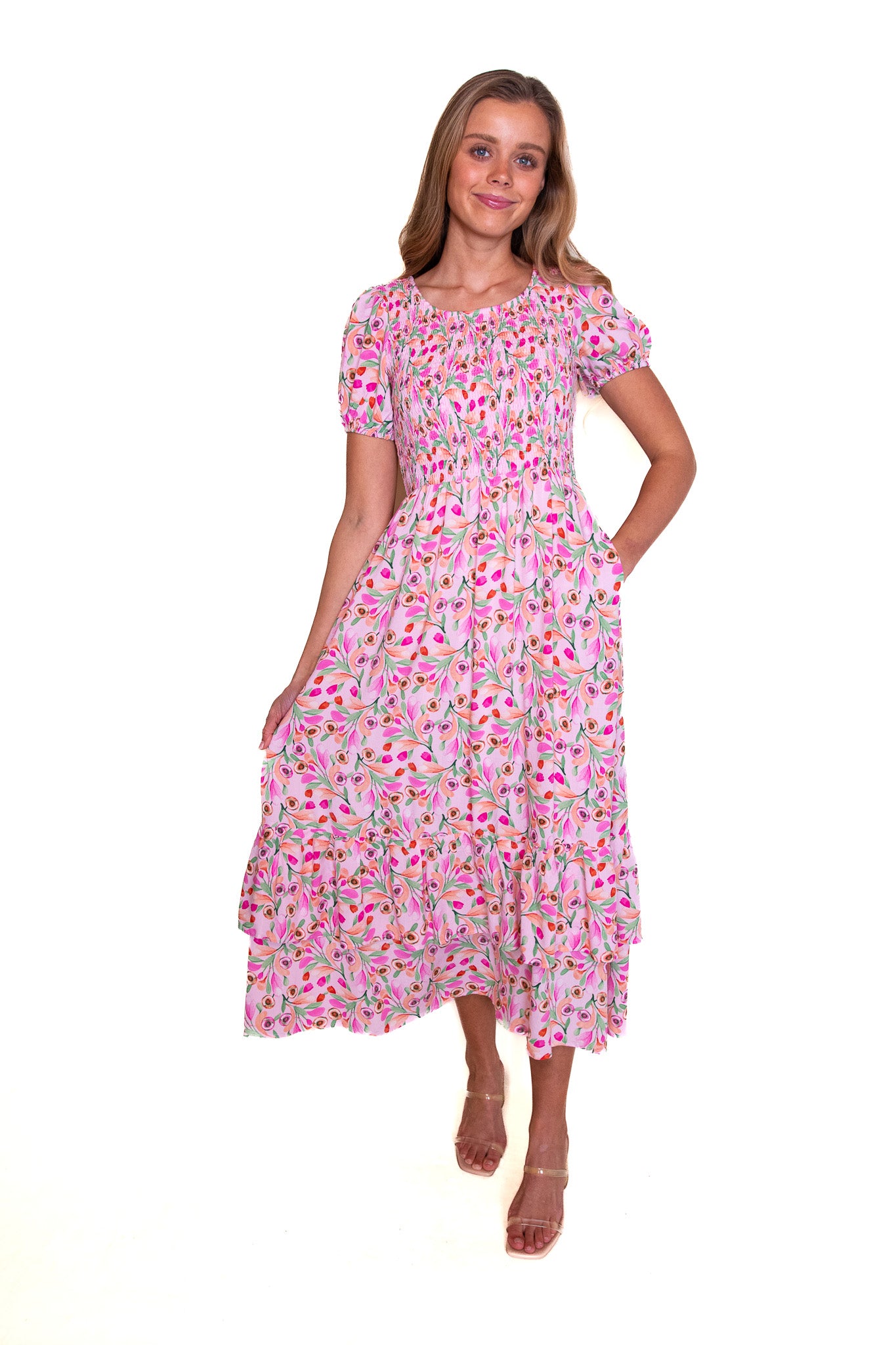 The Maren Floral Midi Dress in Pink Floral