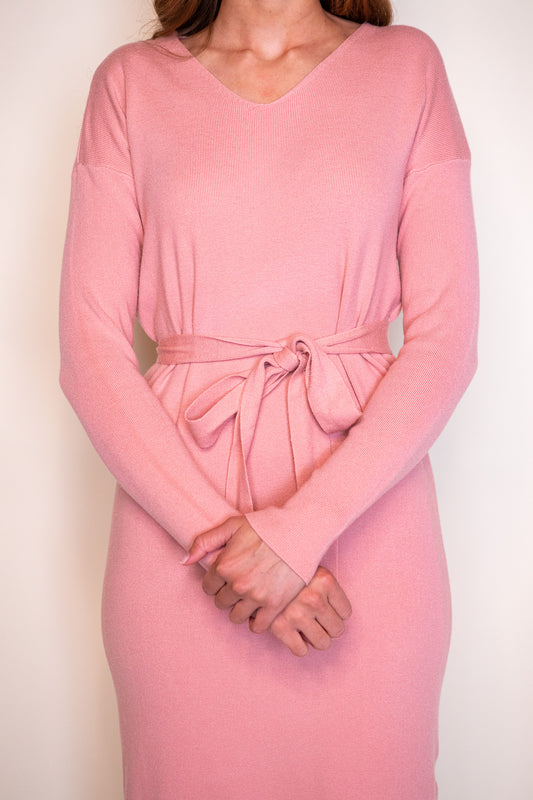 The Kali Ribbed Knit Sweater Dress in Pink