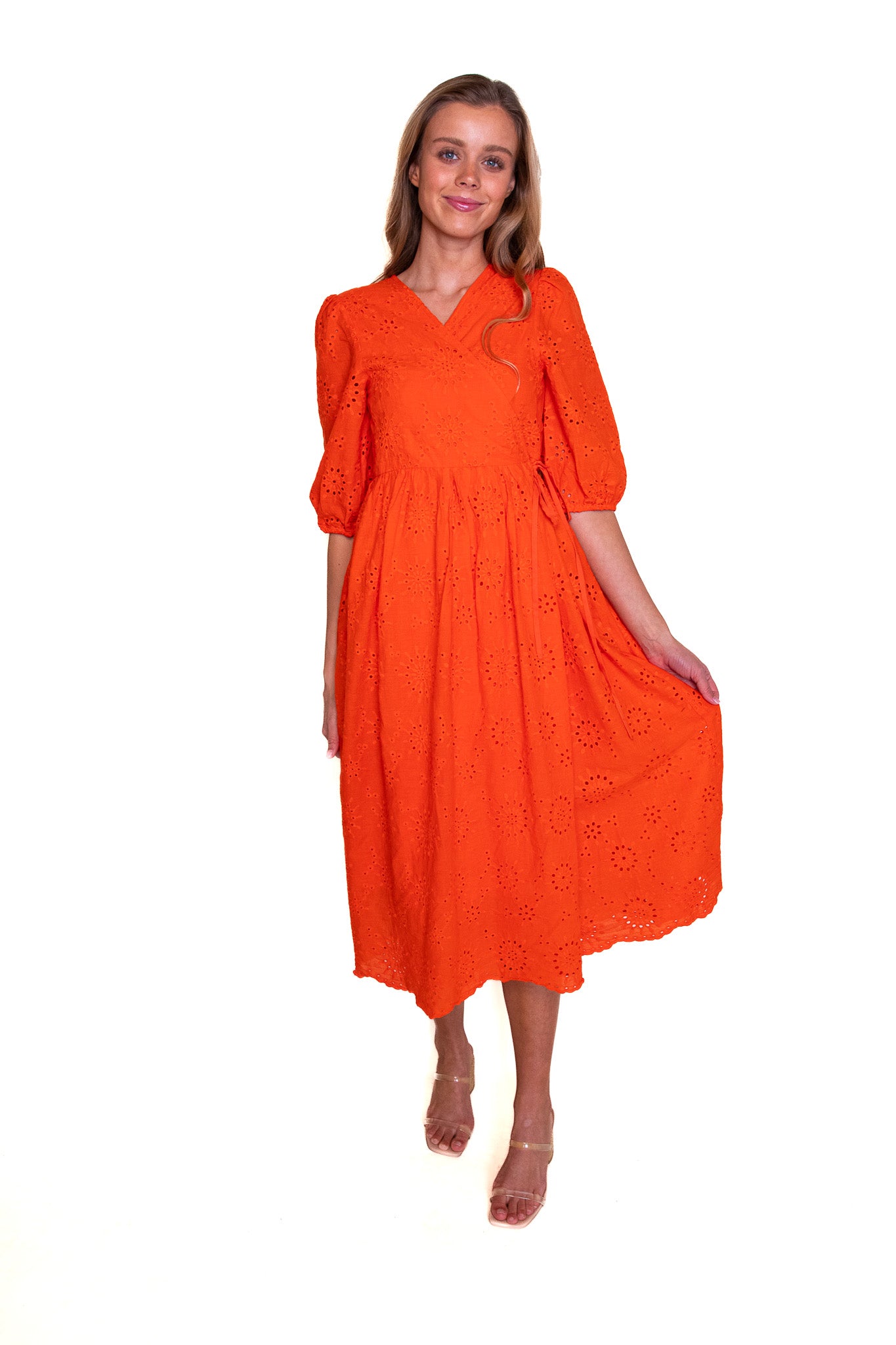 The Poppy Eyelet Wrap Dress in Blood Orange