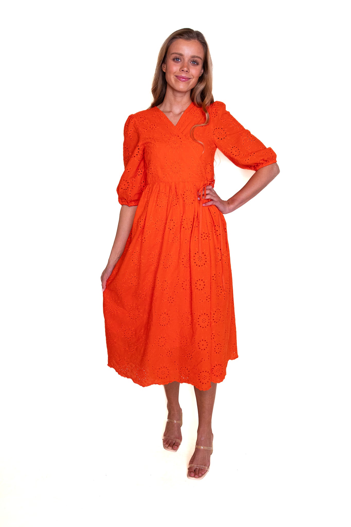 The Poppy Eyelet Wrap Dress in Blood Orange