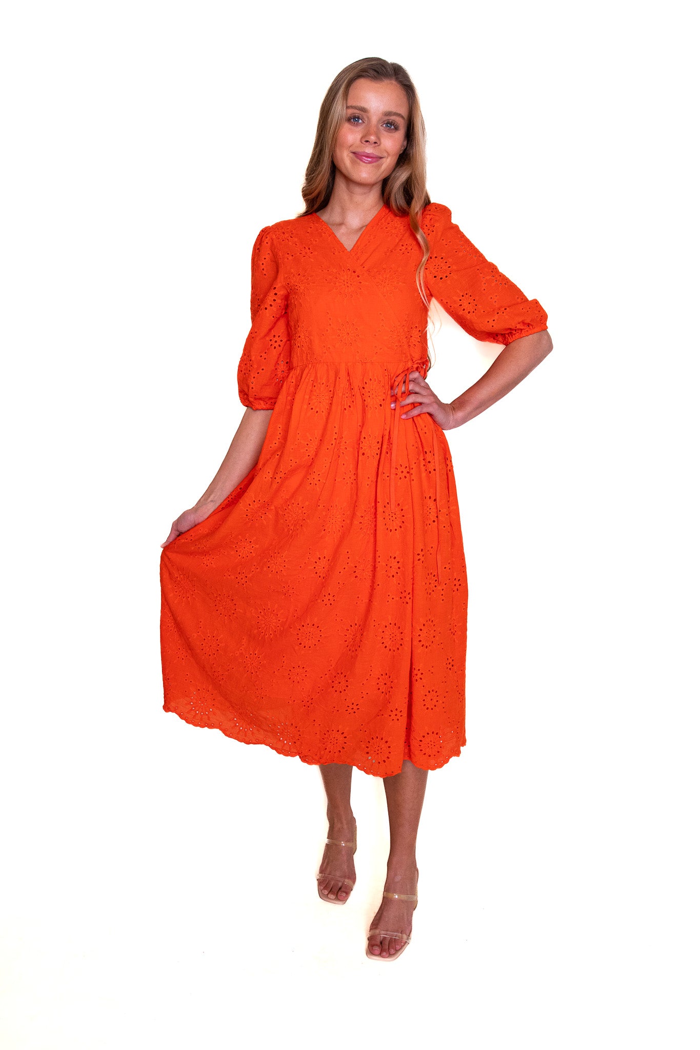 The Poppy Eyelet Wrap Dress in Blood Orange