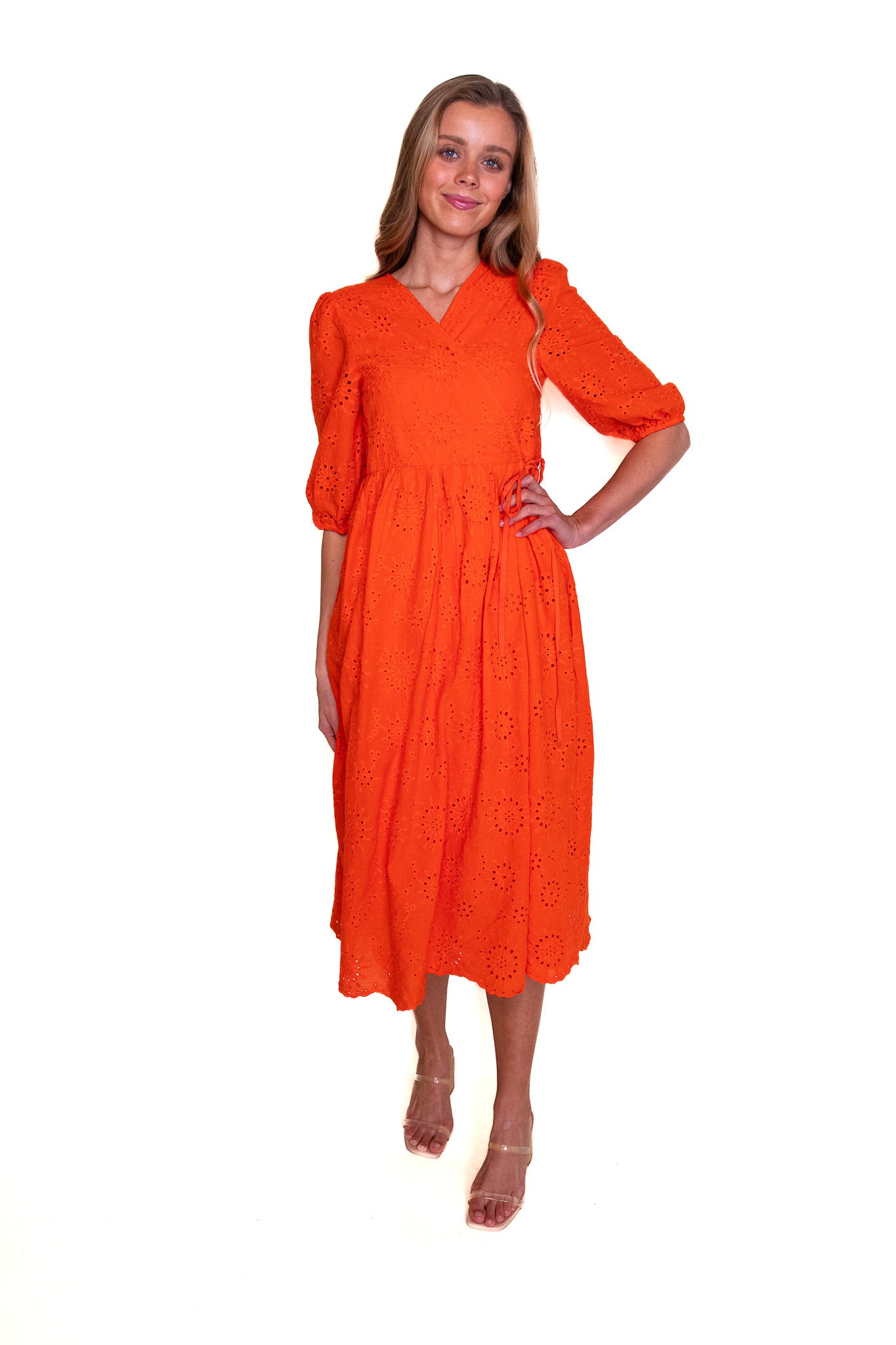 The Poppy Eyelet Wrap Dress in Blood Orange