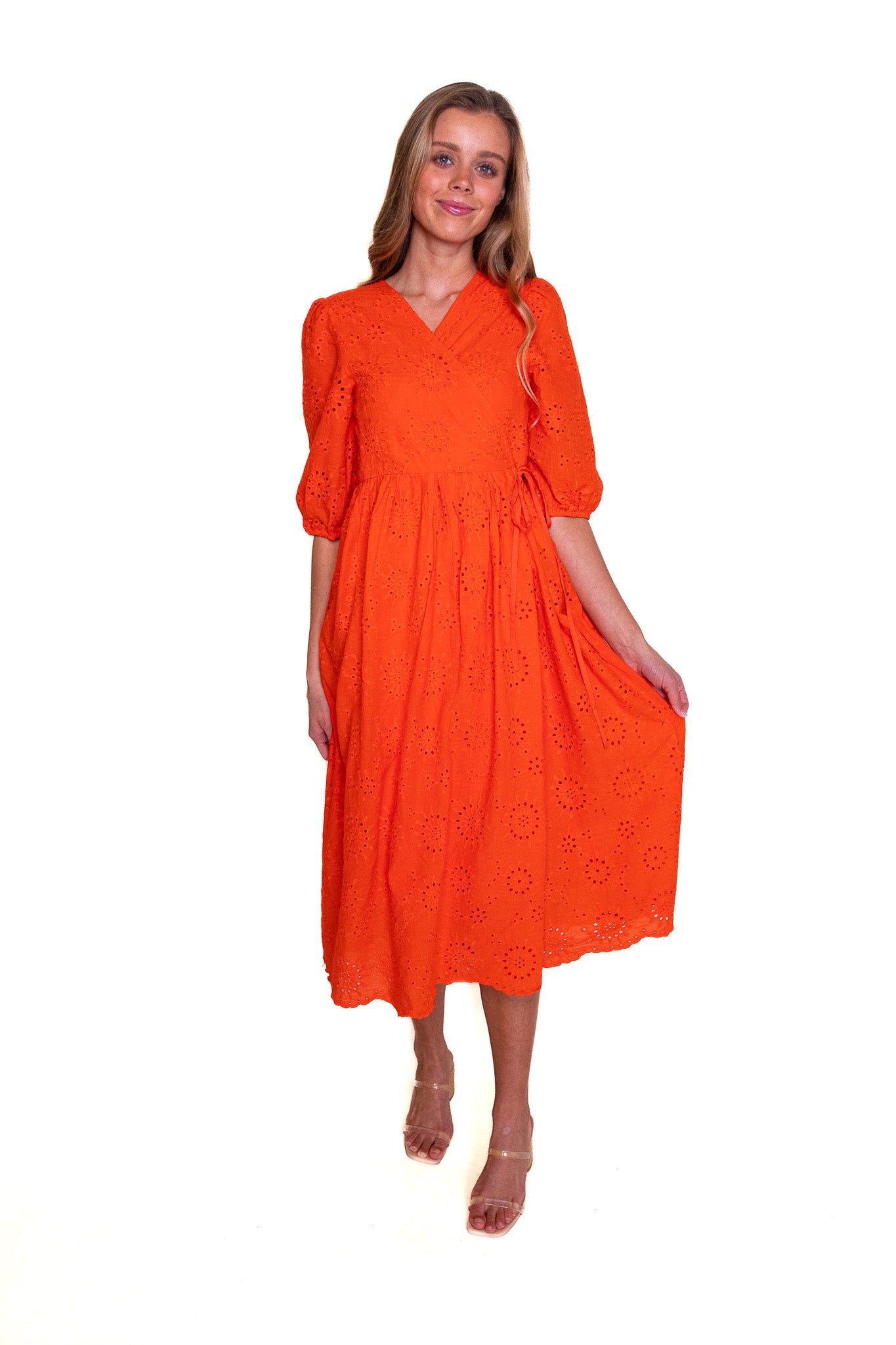 The Poppy Eyelet Wrap Dress in Blood Orange