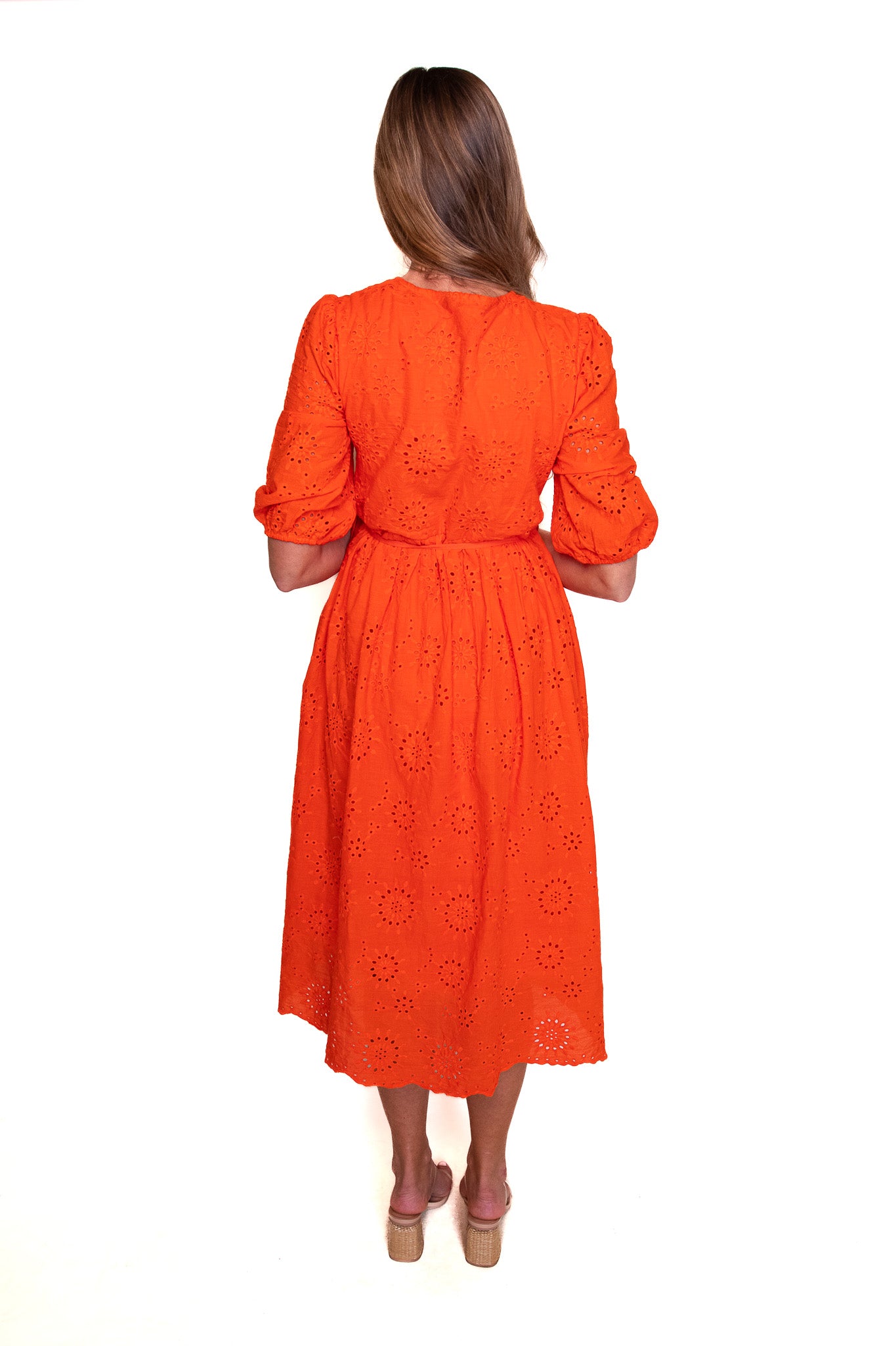 The Poppy Eyelet Wrap Dress in Blood Orange