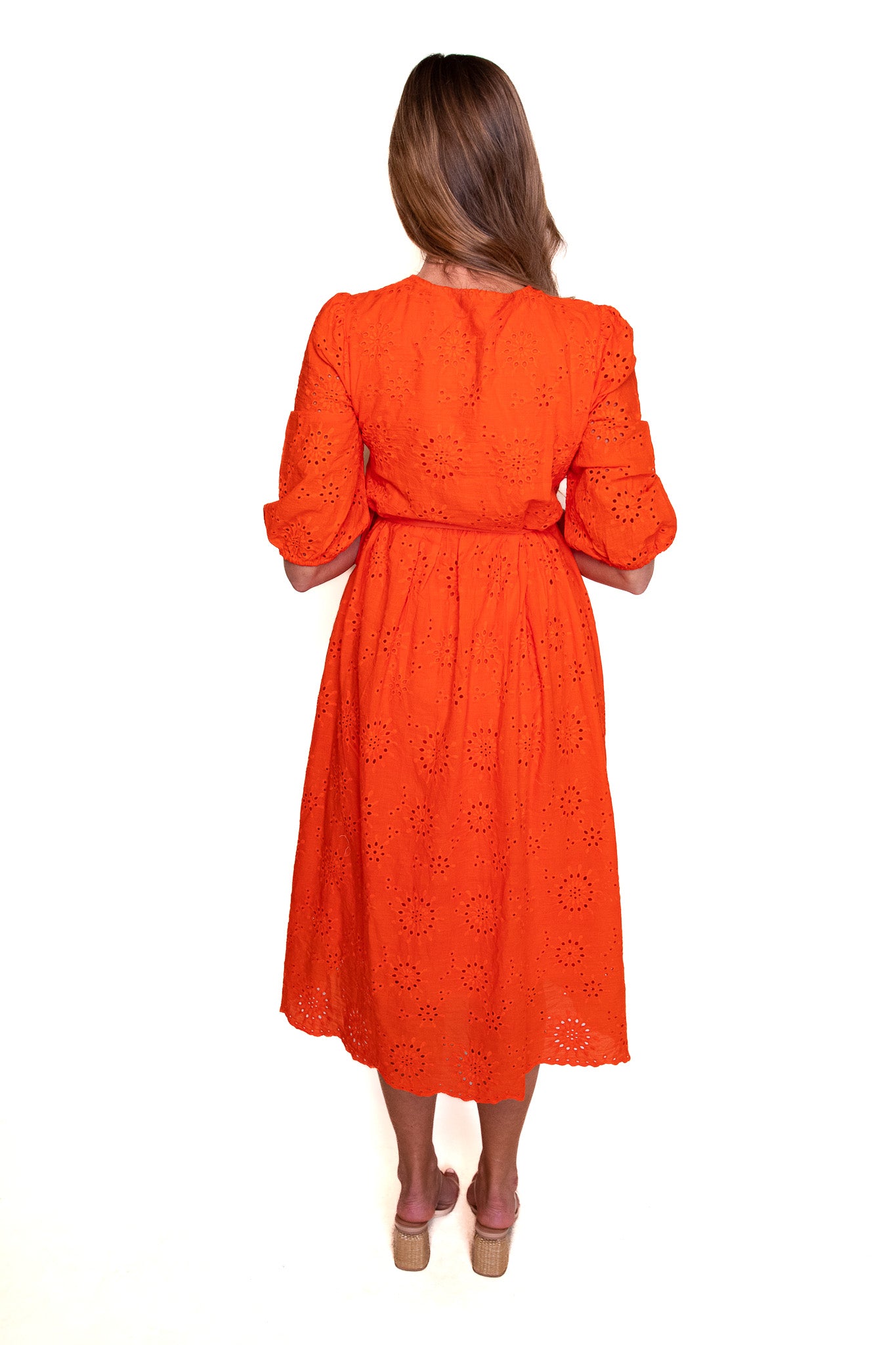 The Poppy Eyelet Wrap Dress in Blood Orange