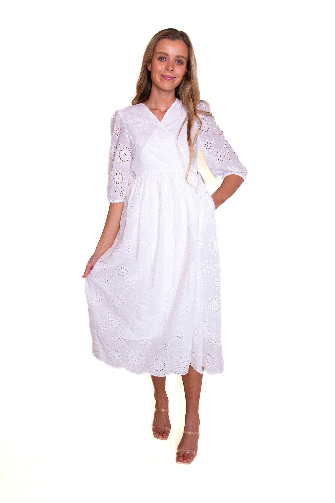 The Poppy Eyelet Wrap Dress in White