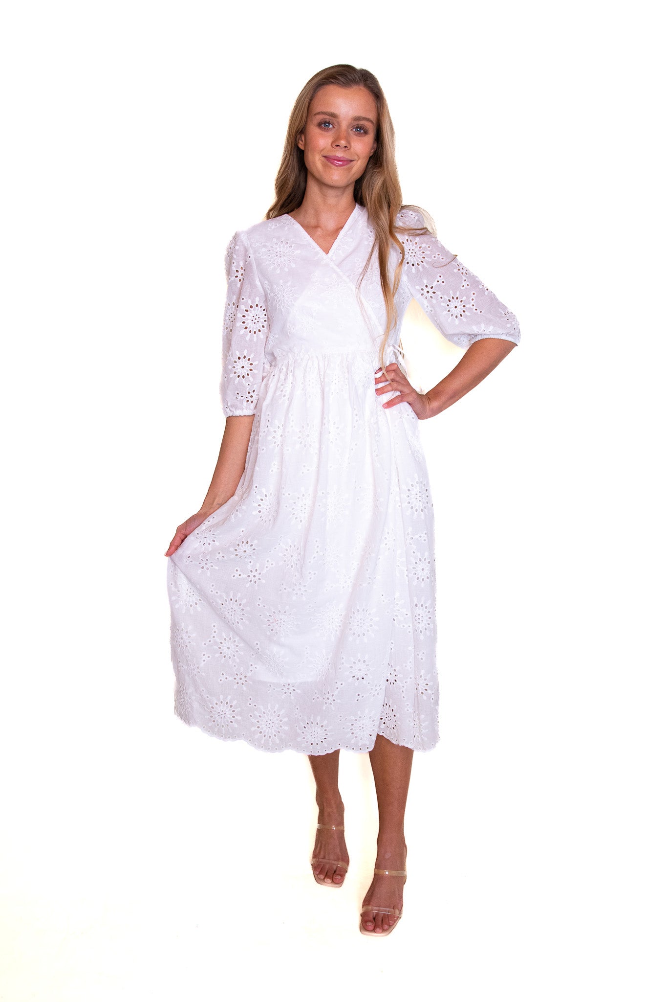 The Poppy Eyelet Wrap Dress in White