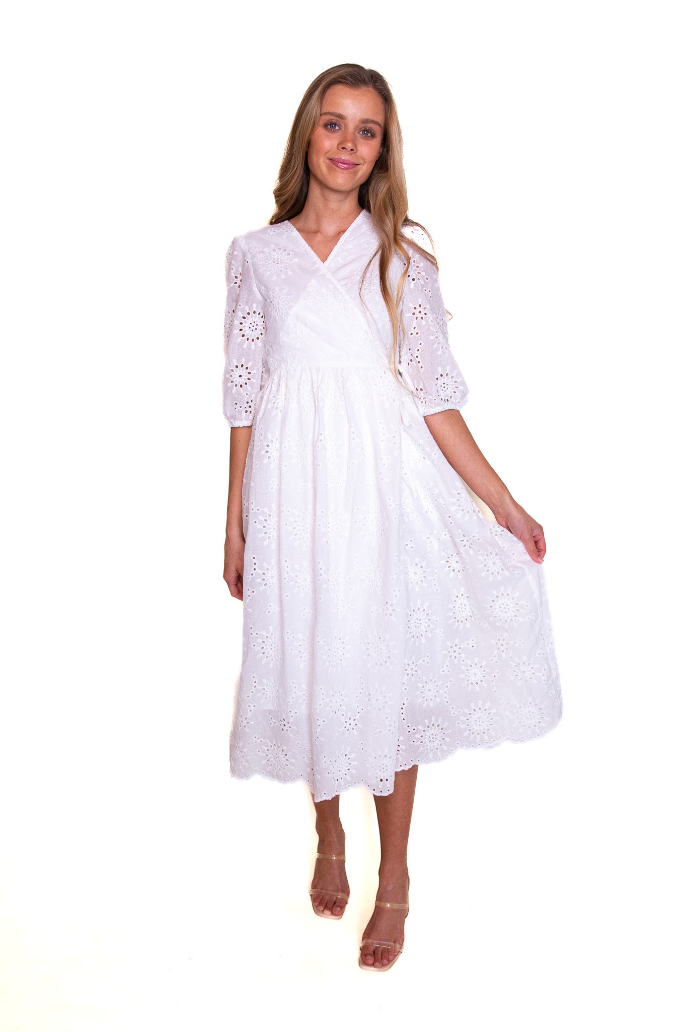 The Poppy Eyelet Wrap Dress in White