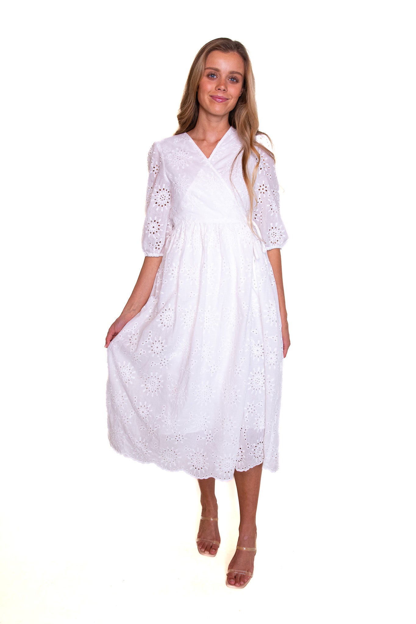 The Poppy Eyelet Wrap Dress in White