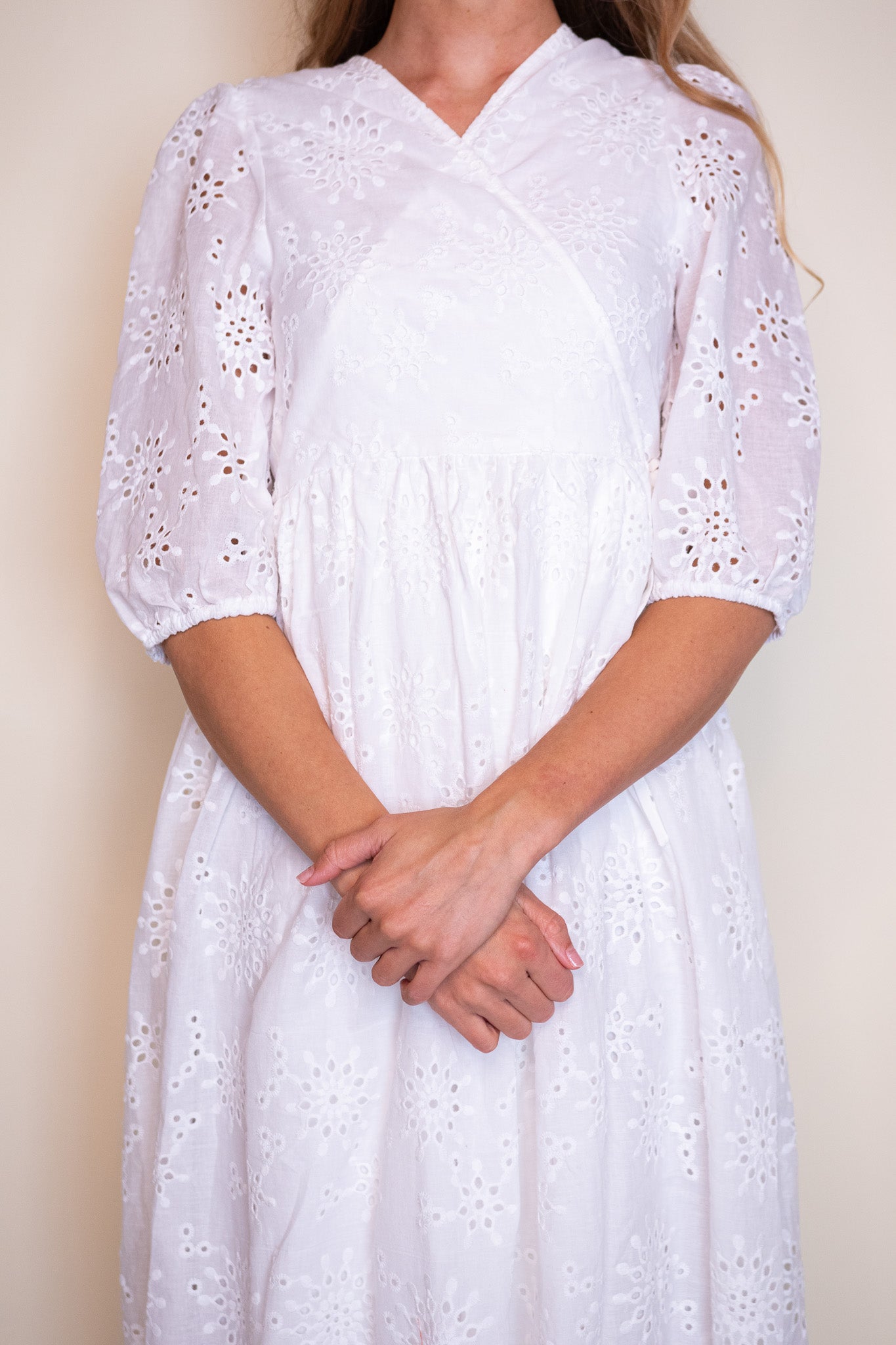 The Poppy Eyelet Wrap Dress in White