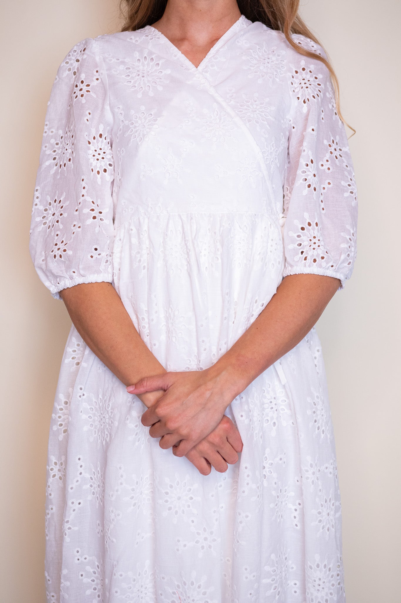 The Poppy Eyelet Wrap Dress in White