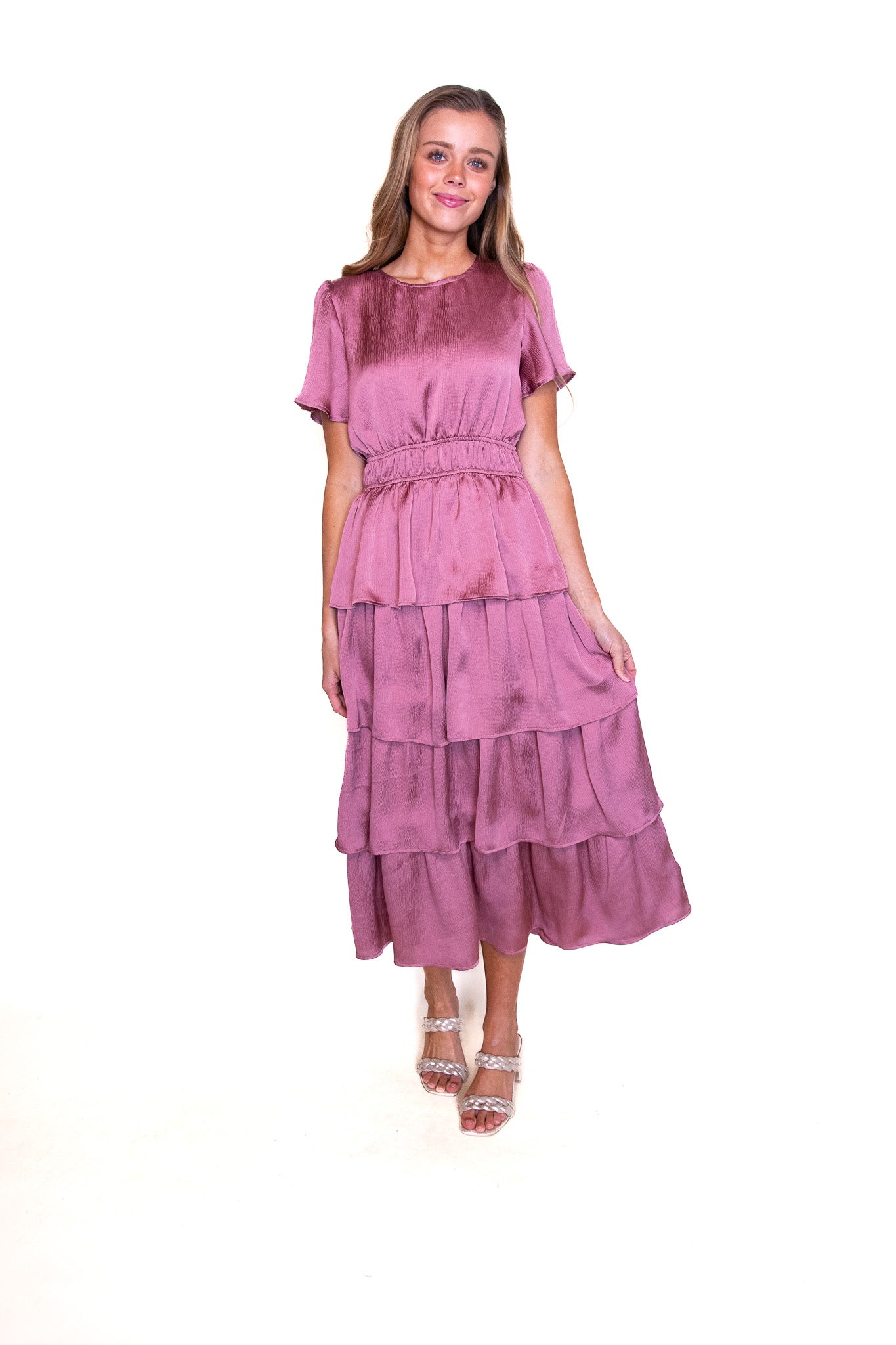 The Layla Satin Ruffle Dress in Pink