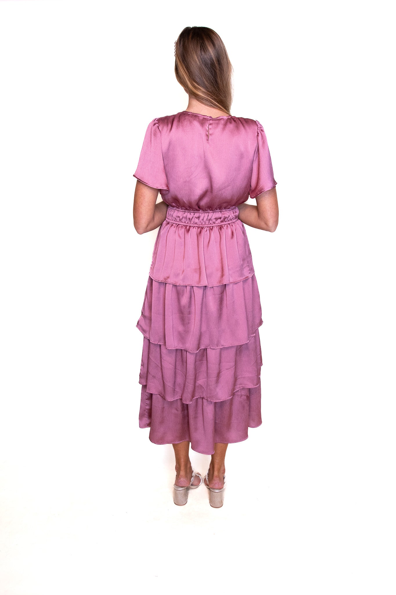 The Layla Satin Ruffle Dress in Pink