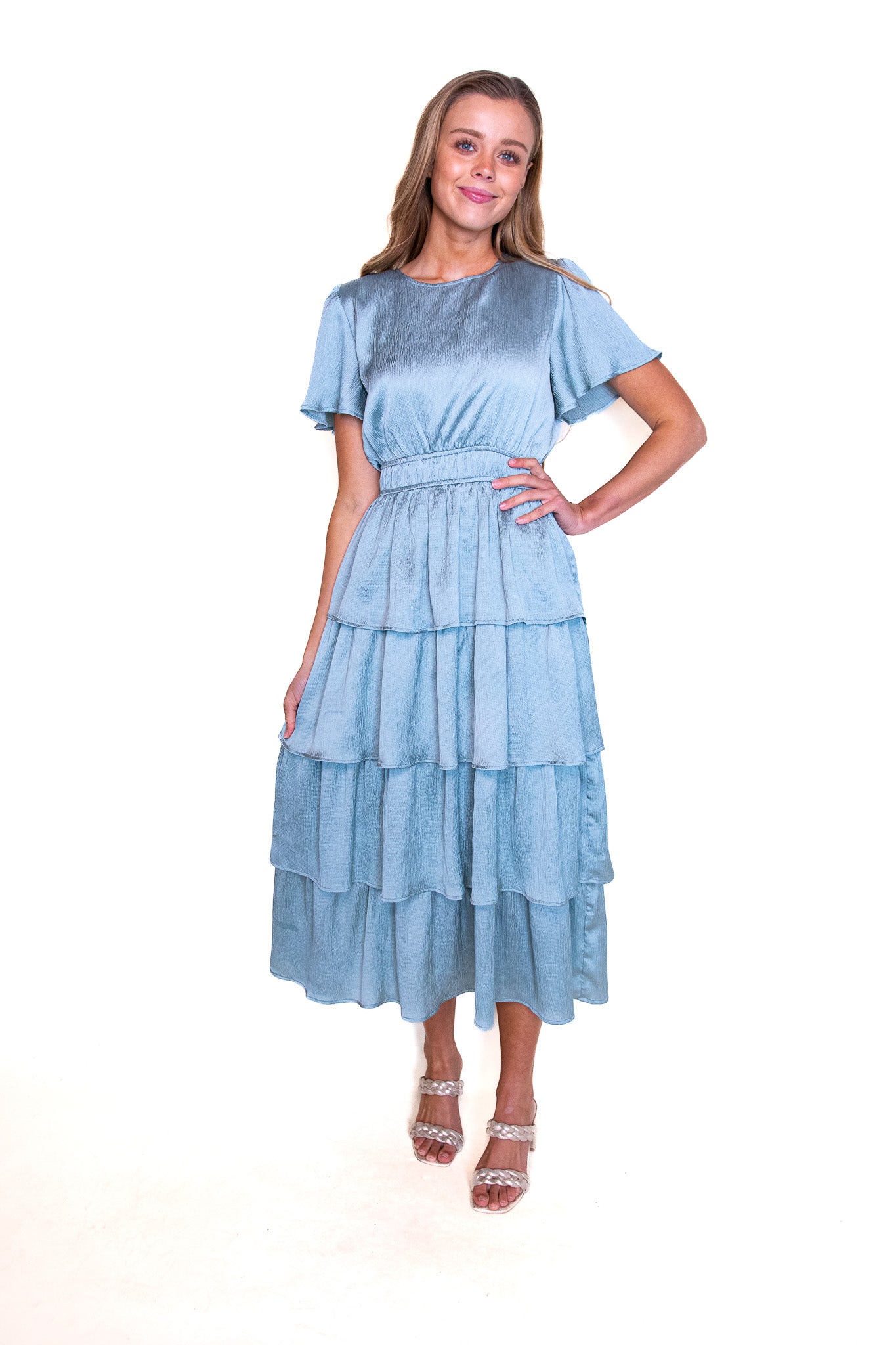 The Layla Satin Ruffle Dress in Teal