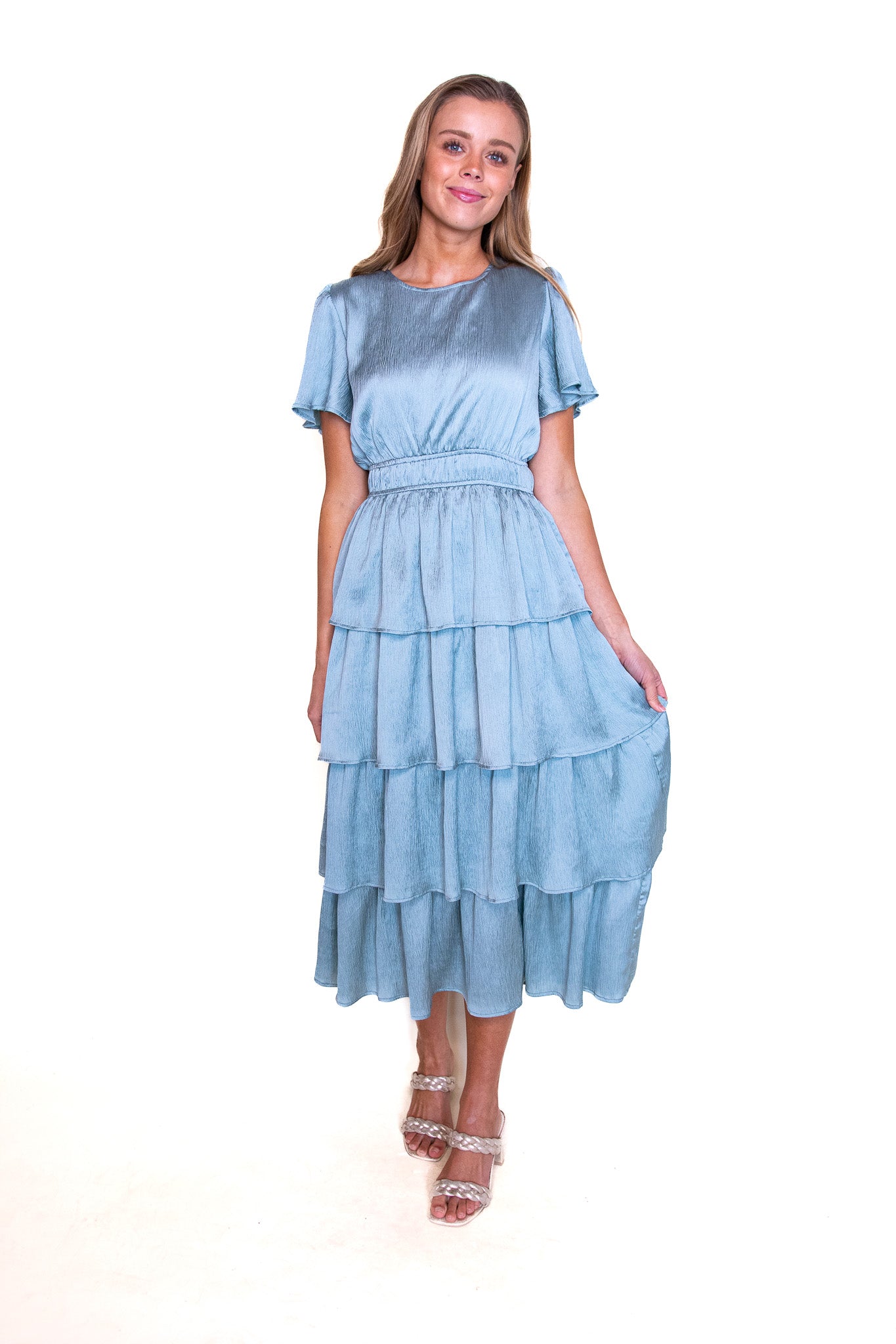 The Layla Satin Ruffle Dress in Teal