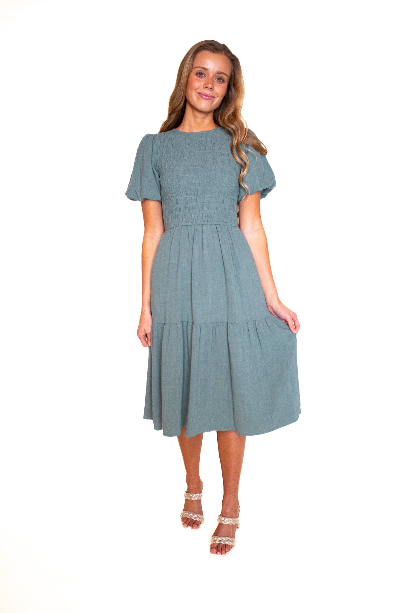 The Sarah Smocked Linen Dress in Jade