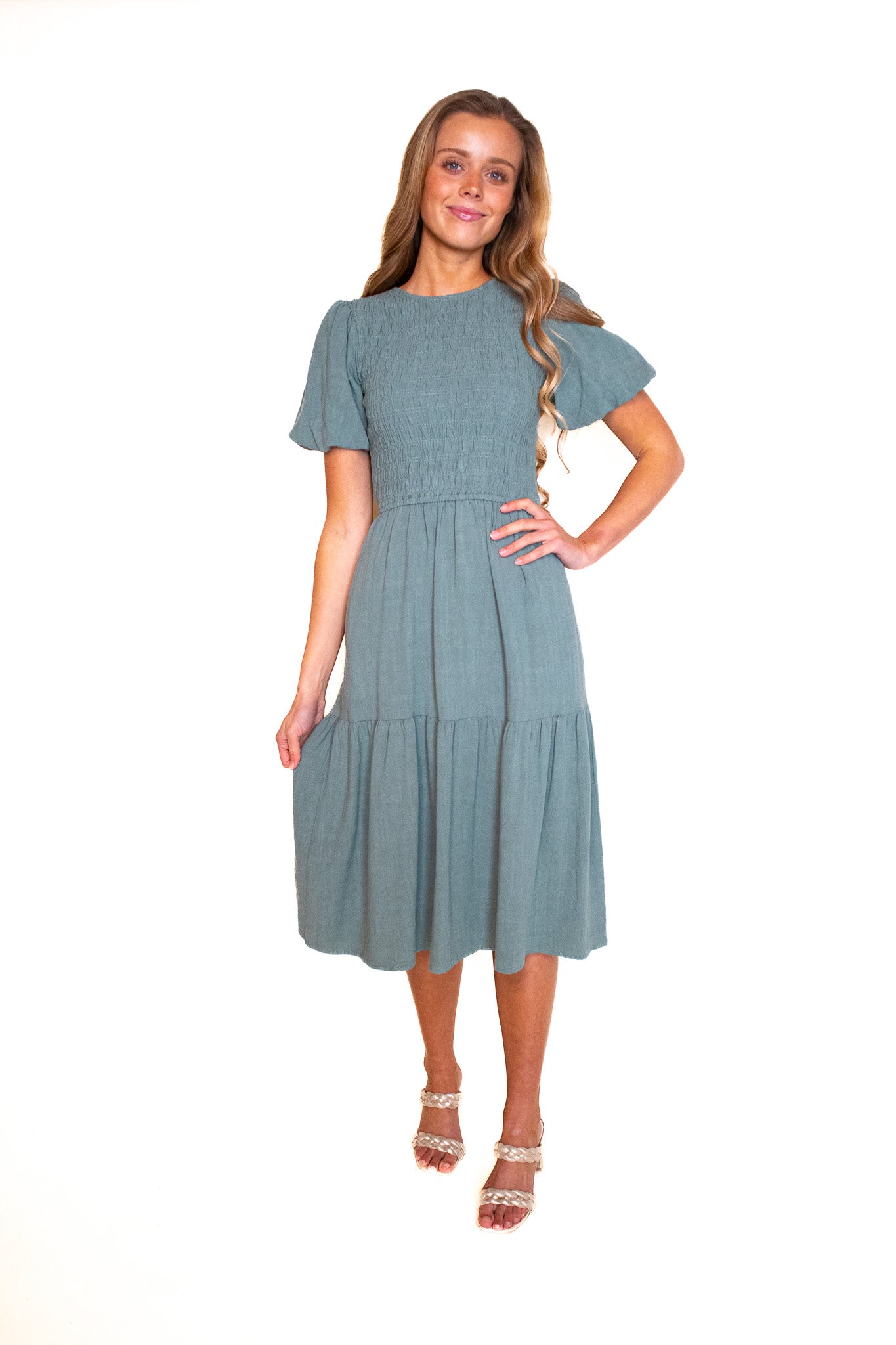 The Sarah Smocked Linen Dress in Jade