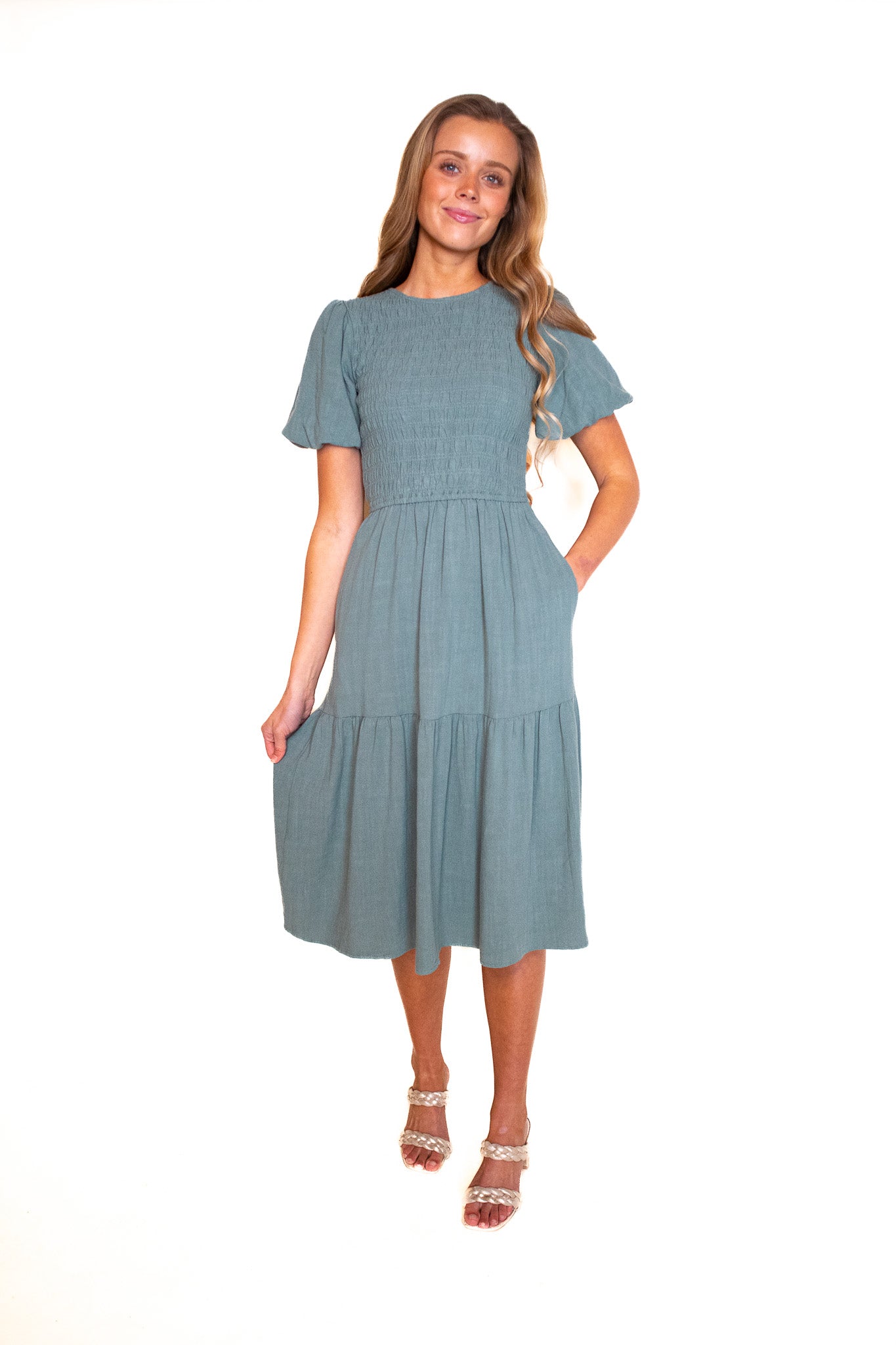 The Sarah Smocked Linen Dress in Jade