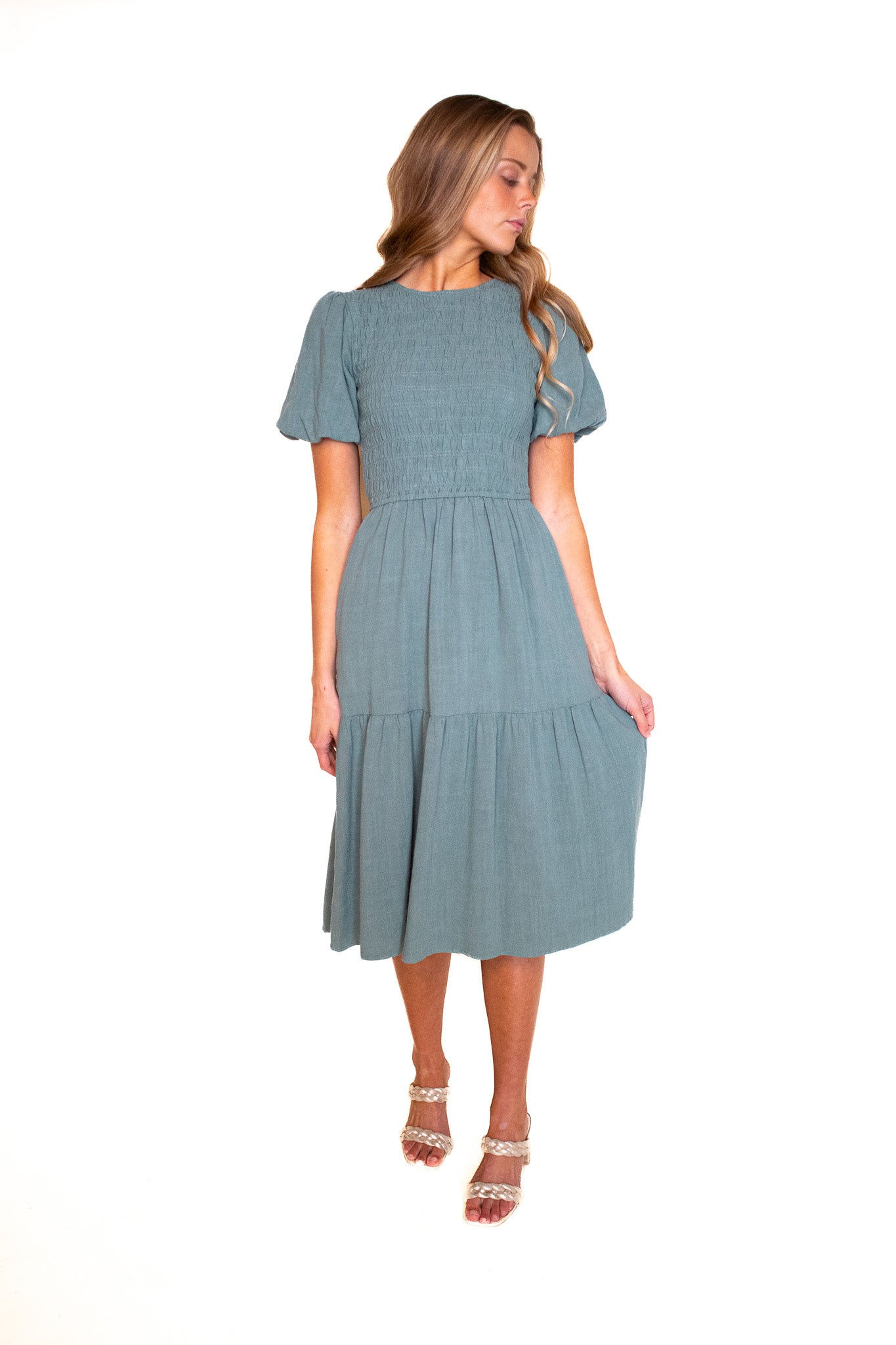 The Sarah Smocked Linen Dress in Jade