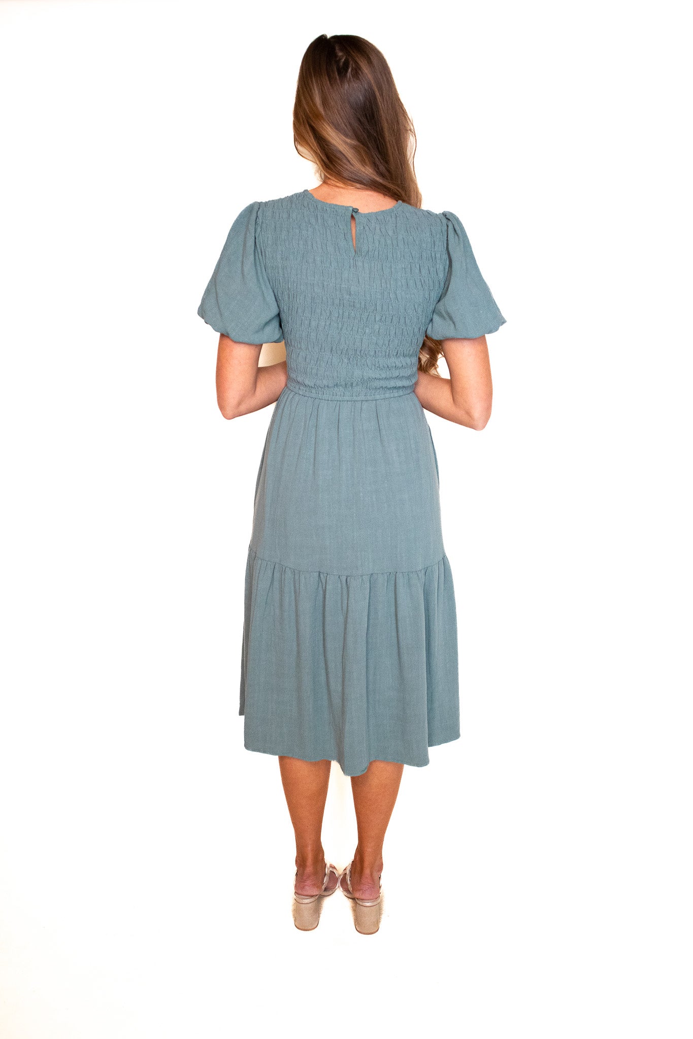 The Sarah Smocked Linen Dress in Jade