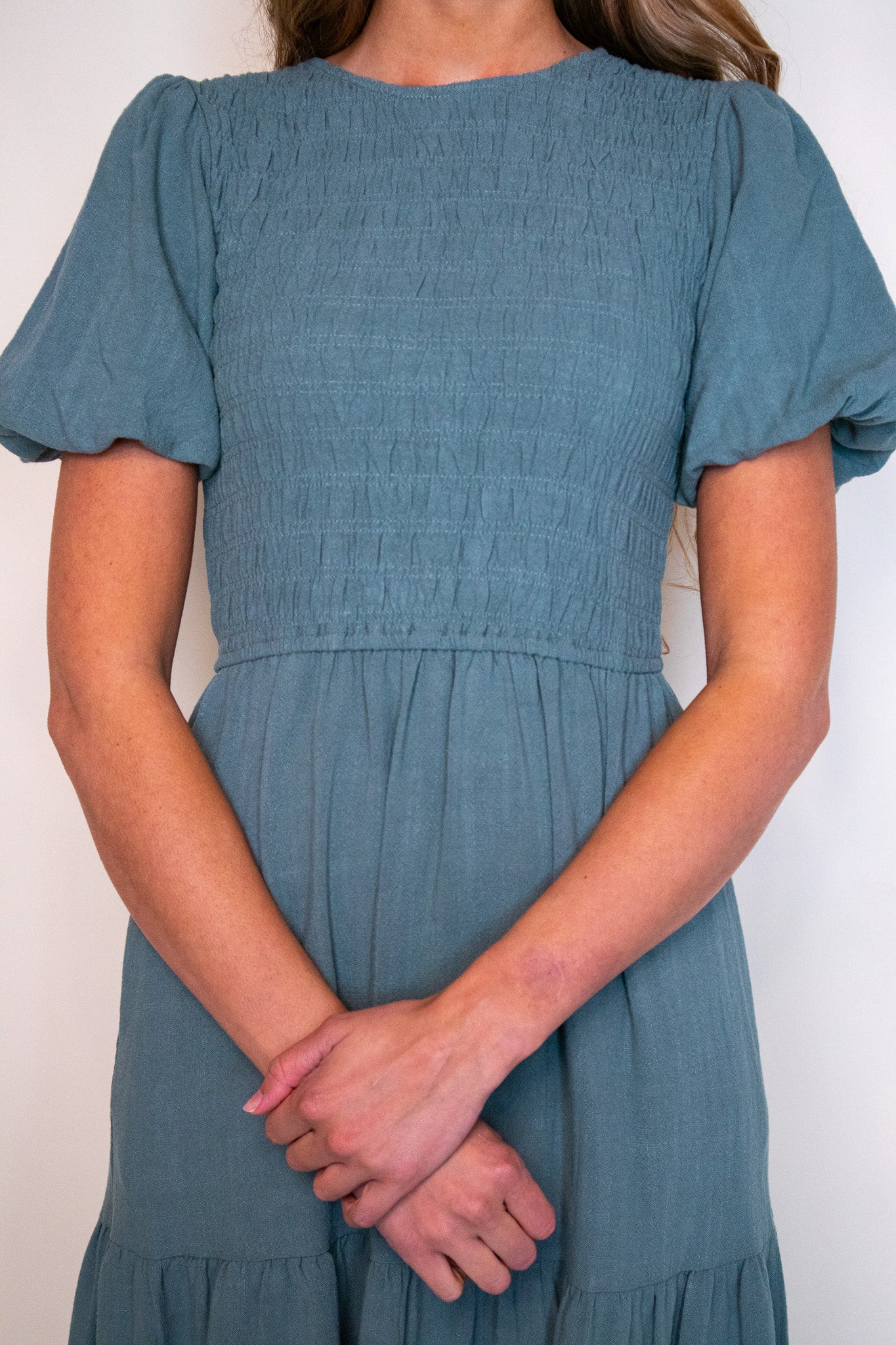 The Sarah Smocked Linen Dress in Jade