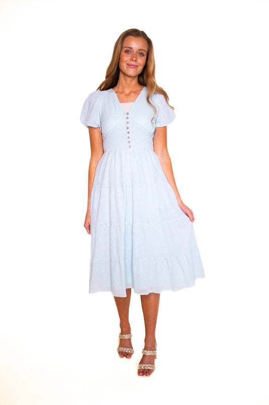 The Kallie Smocked Dress in Pale Turquoise