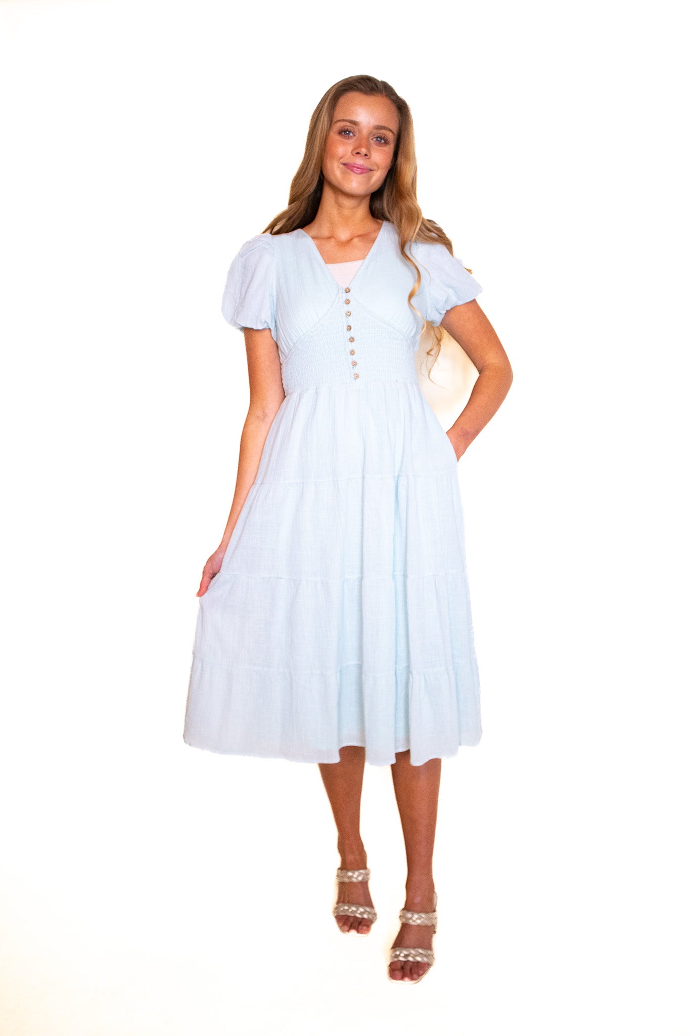 The Kallie Smocked Dress in Pale Turquoise