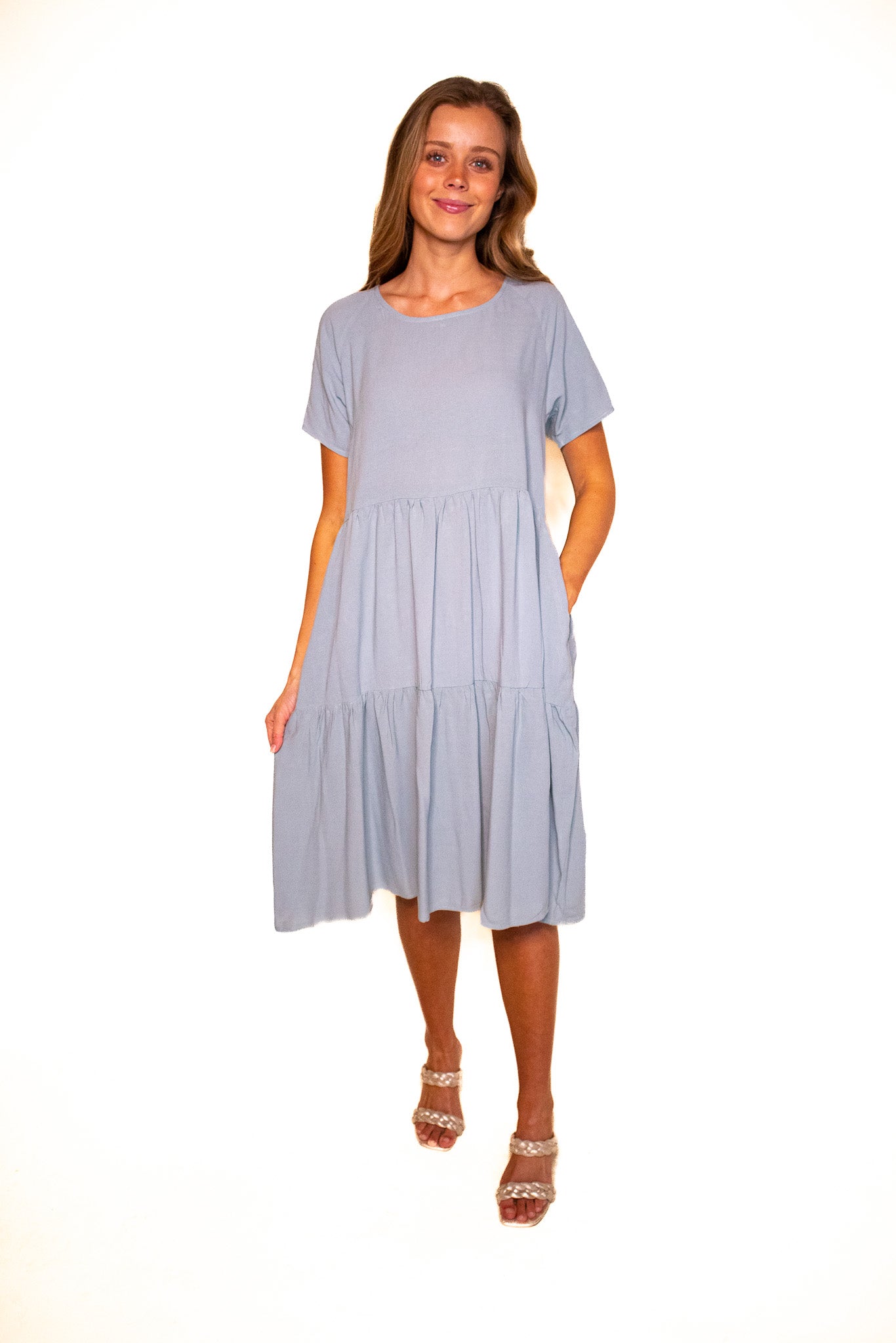 The Kelly Tiered T-Shirt Dress with Pockets 2.0 in Dusty Blue