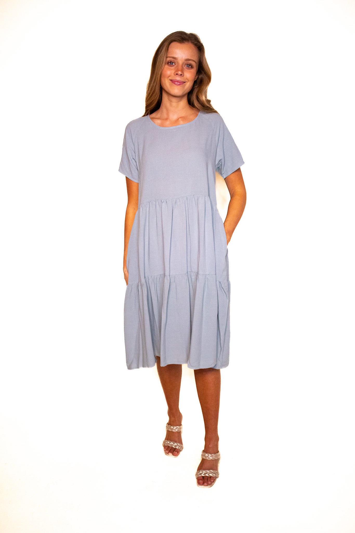 The Kelly Tiered T-Shirt Dress with Pockets 2.0 in Dusty Blue